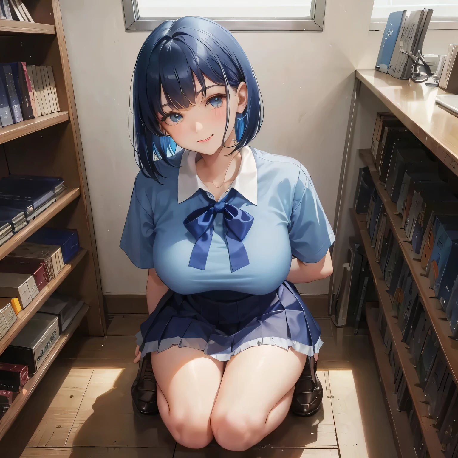 1 high school girl 17 year old female bob cut dark blue hair color high school uniform Light blue Y-shirt short sleeve blue ribbon dark blue hair color slender body shape big breasts full body portrait 学校のlibrary smile gently cheerful look library hand sign squat kneel down look up here