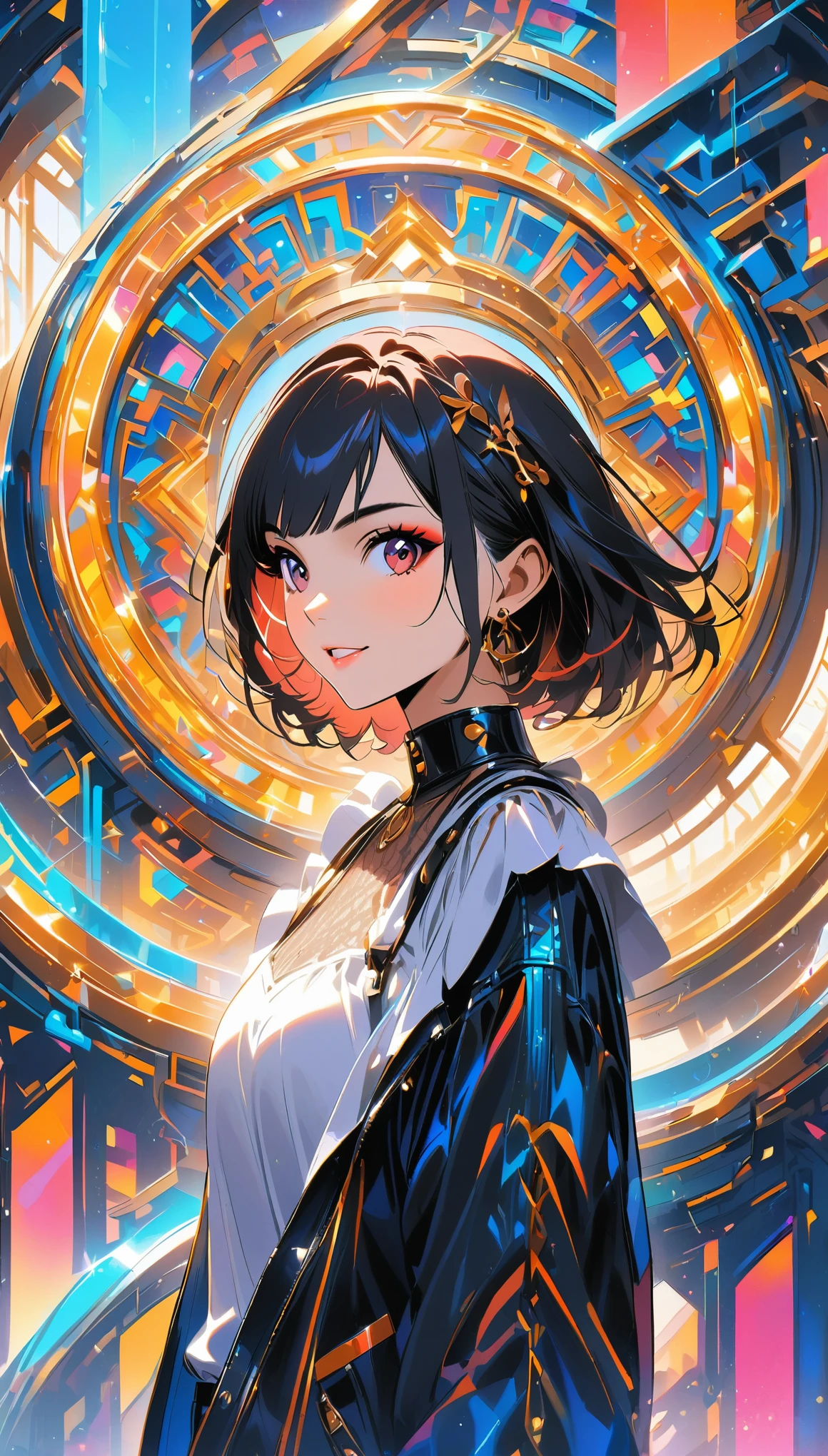 Portrait photo of a woman in her twenties,Made of white and silver clear glass and plastic, Heroine makeup, black hairstyle, Silver and gold metal interior, dynamic poses, flowing organic structure, Detailed carving, Lace design, Glowing golden circuit, colorful neon decoration, Detailed carving, Lace design, light emitting circuit, neon decoration, H's Art.right. jiger, Greg rightutowski