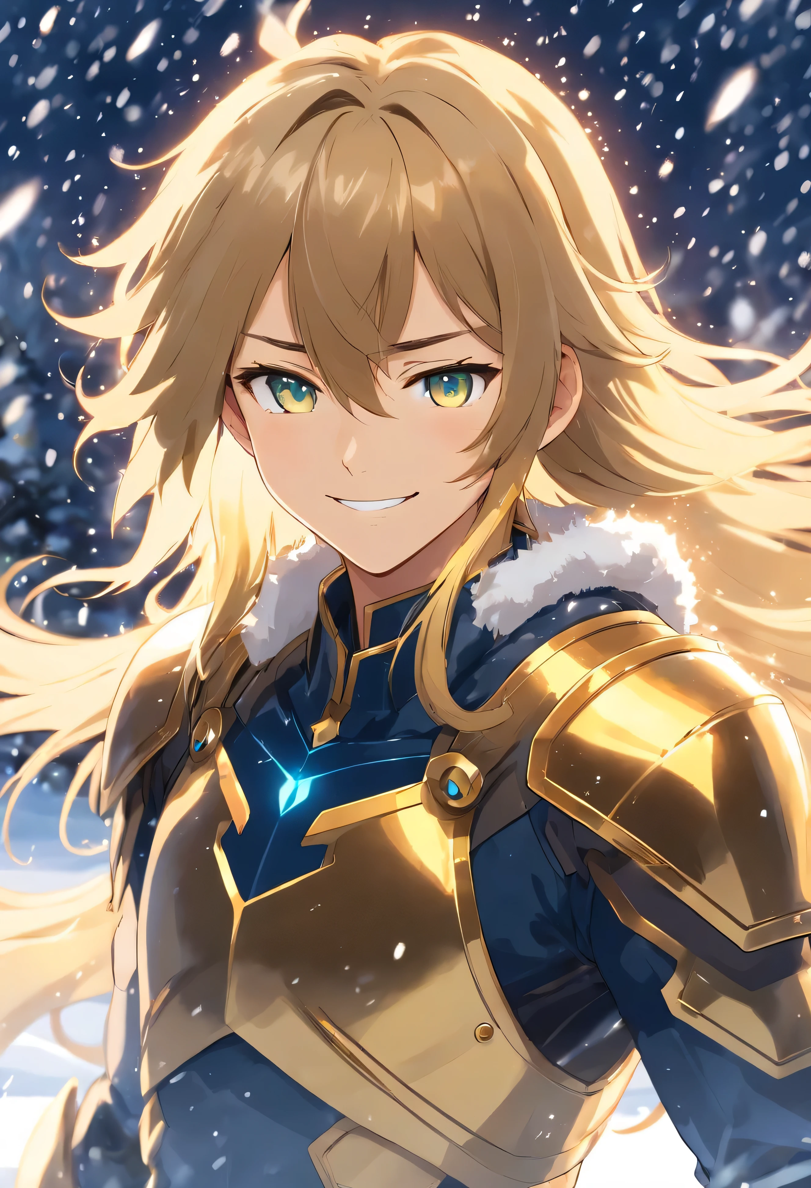 Tannish, male, handsome, golden long hair, gold eyes, black and white winter suit with gold armour, Smiling in a blizzard, glowing blue spear