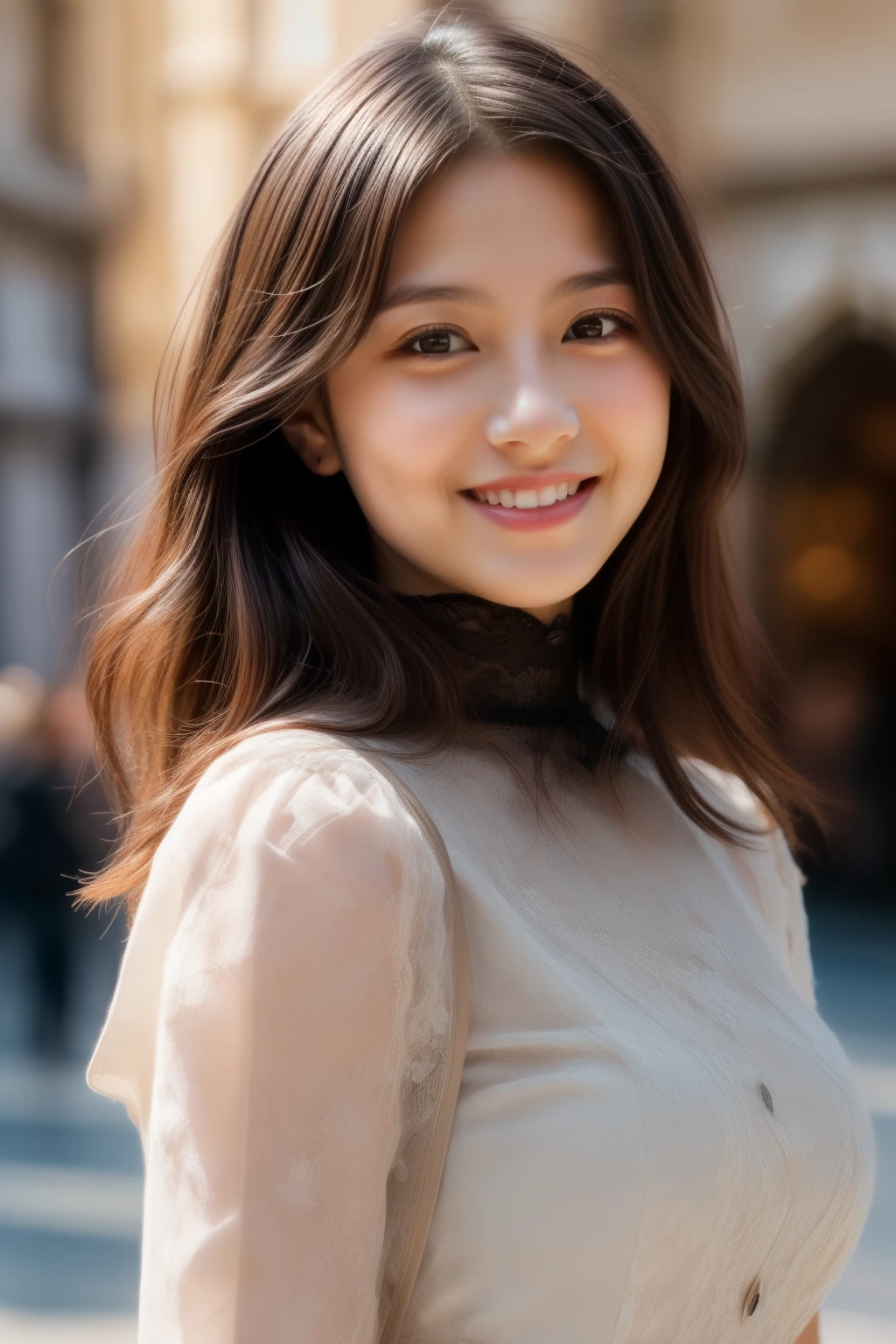 ulzzang-6500-v1.1,(masterpiece, highest quality:1.3), (Ultra-detailed 8K:1.2), (hyperrealistic:1.35),(Raw photo:1.2),highest quality, High resolution, wallpaper, realistic, ,rending with ArtStation, Trending on CGsociety, sharp focus, (dramatic, Realistic painting art by Midjourney:1.3) BREAK (Japanese women:1.3), 18 years old, (bewitching smile:1.3), action, gravure, sexy, super beautiful, beautiful skin, beautiful and detailed eyes, detailed face, slim, Moderately, clean long hair, brunette hair, dark brown eyes, look at the camera, (full shot:1.3),(lace dress, Details of fabric texture:1.3) BREAK bright lighting, professional lighting, face light, smooth lighting, (Florence's streets lined with Gothic architecture:1.3)