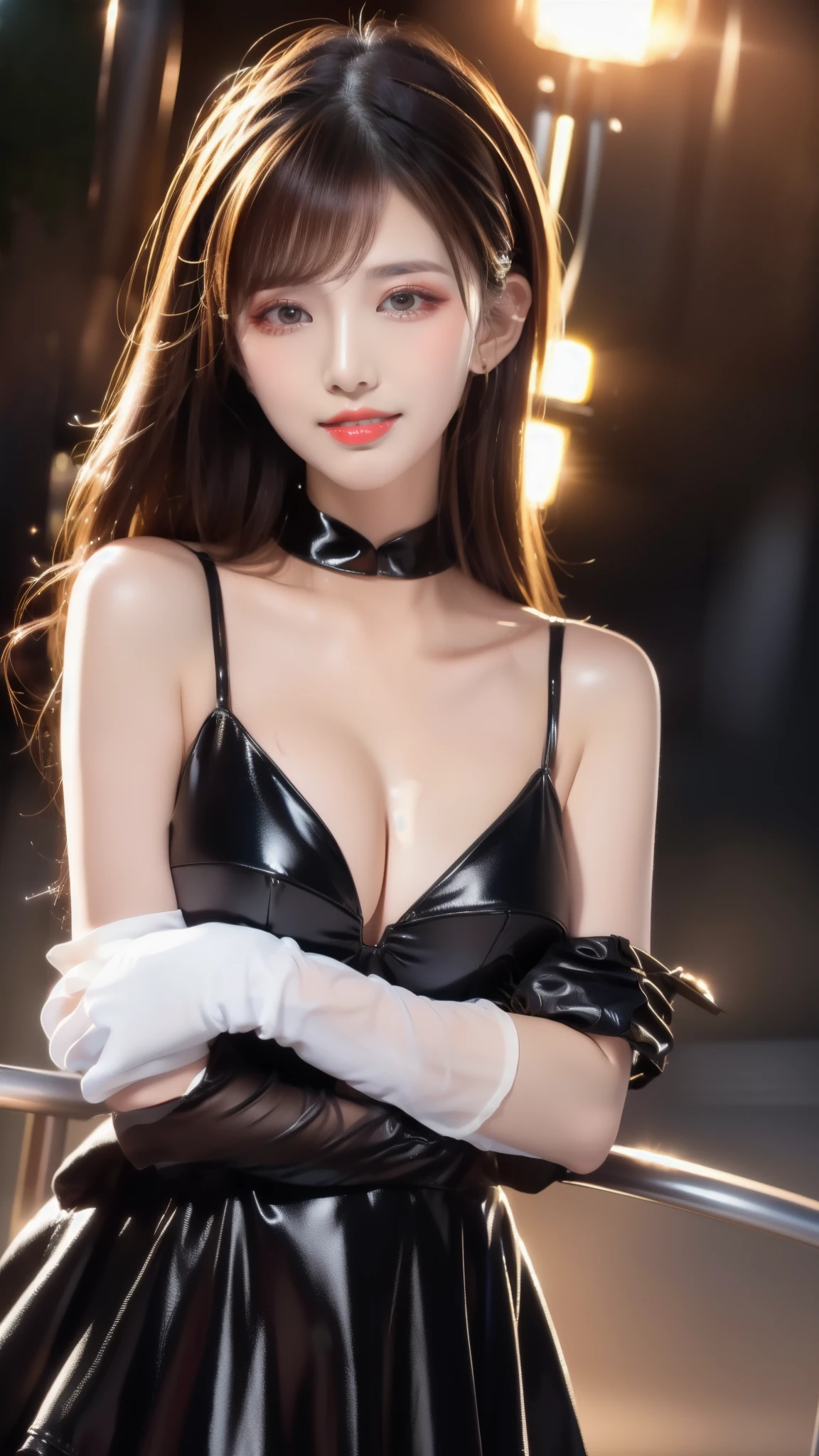 highest quality、超A high resolution、(Photoreal:1.4)、jobrie、cute、cityscape、professional lighting、photon mapping、radio city、Physically based rendering、1 girl、Backlight、bare shoulders、black dress、黒いgloves、black long hair、big and full breasts、cowboy shot、Leather Dresses、earrings、laughtengerless gloves、floating hair、gloves、金のearrings、ゴールドのhair band、hair band、armを保管する、gem、big and full breasts、particles of light、hair length、looking at the viewer、off shoulder dress、red eyes、Rose print、long lock、side lock、alone、spike、thighs、double sided dress、double sided fabric、arm、((masterpiece))、huge hips、18 歳のcute女の子、Look at me and get angry