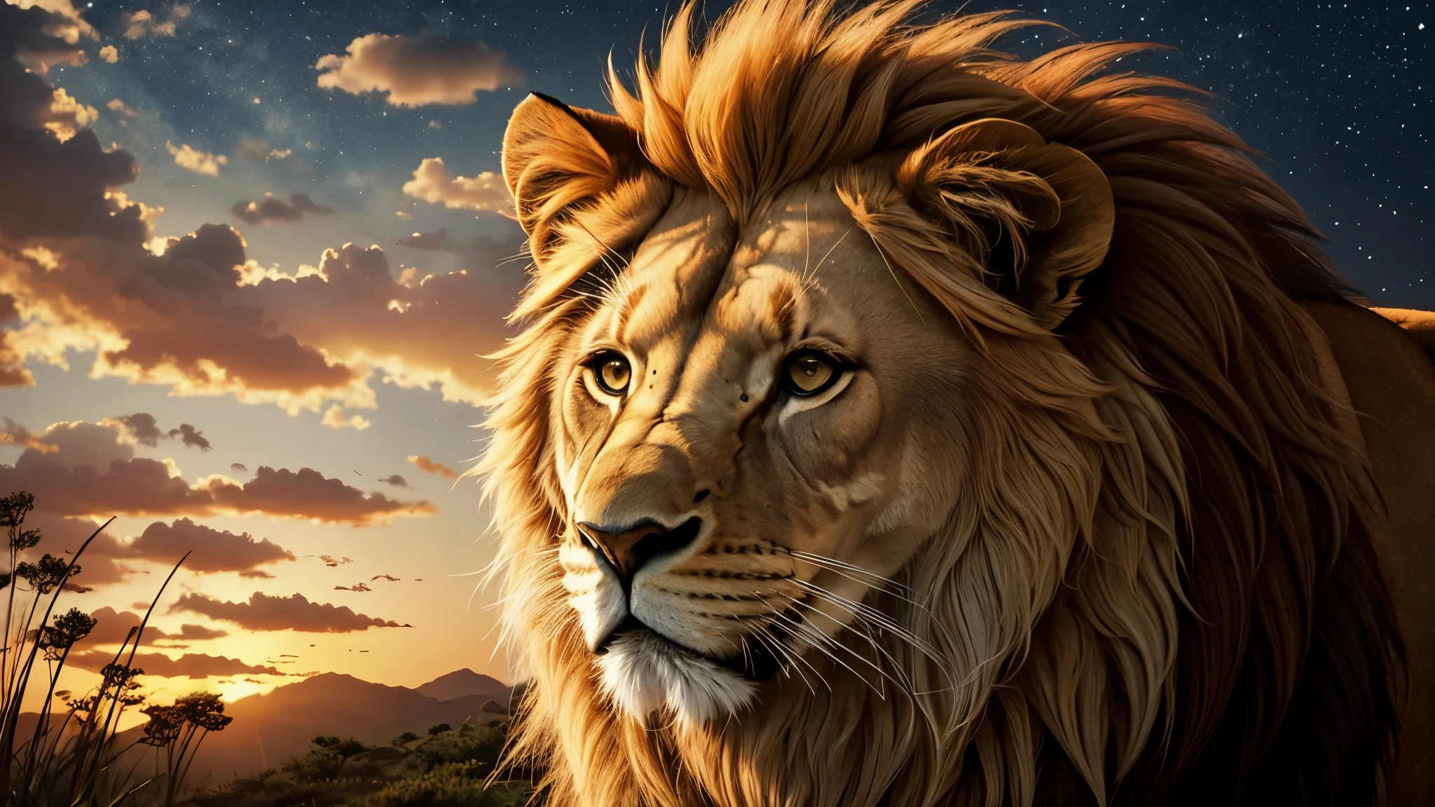 Lion, Divine Lion, Lion King, Lion Majestic, natural, Natureza, Rendering, fotorrealista, UltraHigh definition, 4K, texturasdetalhadas, thunder, sombras detalhadas, cores detalhadas, por do sol, sol se pondo, Sunset, Natureza Linda, Grande Divino, por do sol, contraste detalhado, Contraste realista, high resolution, cores detalhadas, fogo, eletricidade, divina criatura, 8k, realista detalhado, 16k, 8k, High definition, elegante, Texturasdetalhadas, Testurasultrarealistas, Coresultrarealistas, Cores HD, Contraste detalhado 16K, Elegante Sofisticado, 