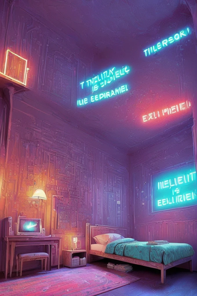 ((age rooms a little messy:1.4)), at night:1.3, ((computer on:1.3)), 3 books lying on the floor, clothes lying around:1.3, ((neon lights:1.5 text, exit emergency:1.4)), luminous object with neon, ((Imaginative scene)), (( very detailed: 1.4), (( Masterpiece )), ( Hyper-detailed and beautiful: 1.3), ( Photorealistic: 1.4), 32k .