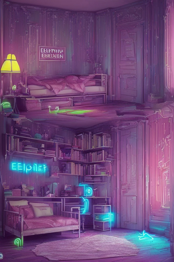 ((teenage rooms a little messy:1.4)), at night:1.3, ((computer on:1.3)), 3 books lying on the floor, clothes lying around:1.3, ((neon lights:1.5 text, exit emergency:1.4)), luminous object with neon, ((Imaginative scene)), (( very detailed: 1.4), (( Masterpiece )), ( Hyper-detailed and beautiful: 1.3), ( Photorealistic: 1.4), 32k .