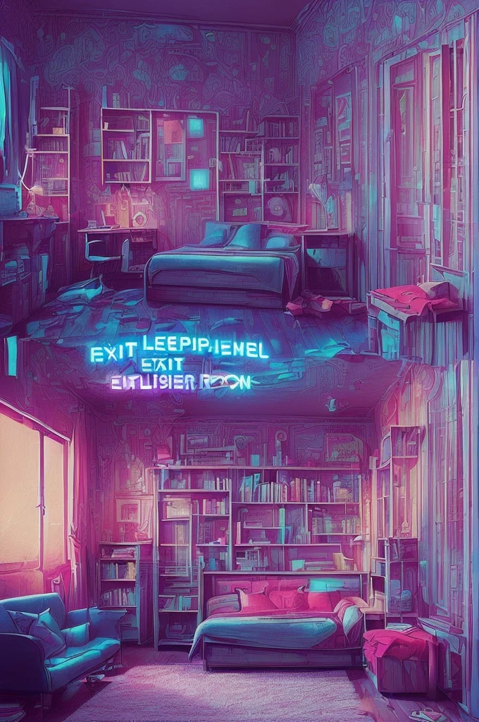 ((age rooms a little messy:1.4)), at night:1.3, ((computer on:1.3)), 3 books lying on the floor, clothes lying around:1.3, ((neon lights:1.5 text, exit emergency:1.4)), luminous object with neon, ((Imaginative scene)), (( very detailed: 1.4), (( Masterpiece )), ( Hyper-detailed and beautiful: 1.3), ( Photorealistic: 1.4), 32k .