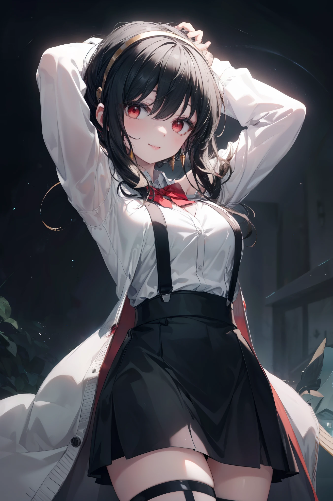 score_8_up, score_7_up, source_anime,Ajof, side locks, golden hairband, hair adornments, ((Red eyes:1.5)), gold earring, Large breasts,((black hair:1.5)),
BREAK (black bowtie, white shirt, sleeveless, off shoulder, grey cardigan, open clothes, sleeves past wrists, black skirt, suspender skirt, thigh strap:1.2),
BREAK smile,standing,arm_behind_head,arms_up,cowboy shot,
BREAK night sky,
BREAK (masterpiece:1.2), best quality, high resolution, unity 8k wallpaper, (illustration:0.8), (beautiful detailed eyes:1.6), extremely detailed face, perfect lighting, extremely detailed CG, (perfect hands, perfect anatomy),