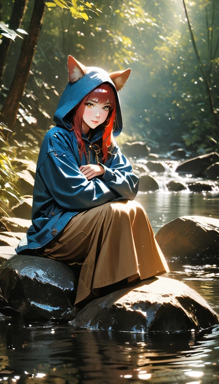 8K, best quality, (lifelike:1.4), original photo, 1 girl, Red hair, Animal ears, blue hooded cloak, ears sticking out, posture: Sitting on the rocks in the forest river, yellow eyes, -