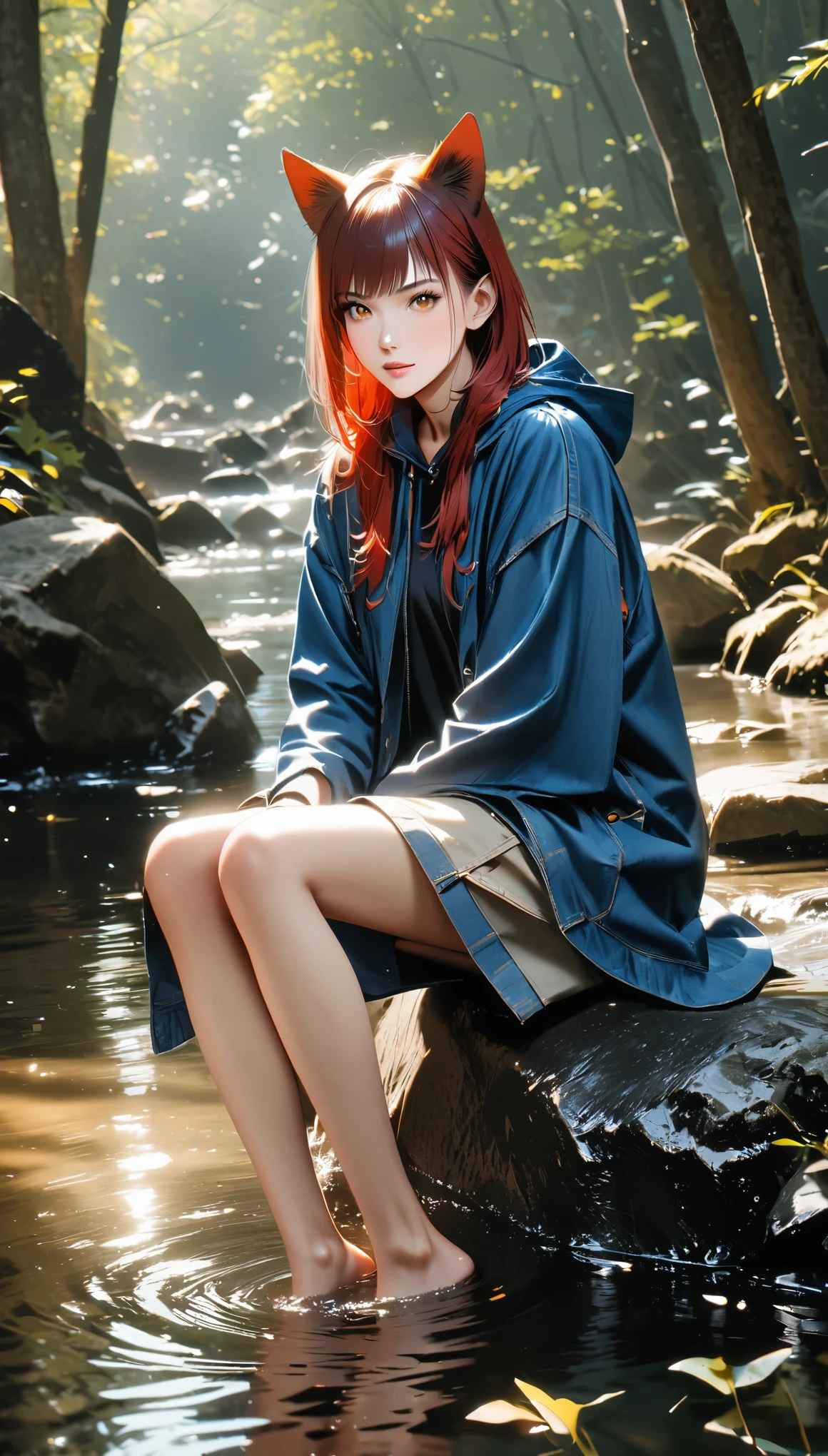 8K, best quality, (lifelike:1.4), original photo, 1 girl, Red hair, Animal ears, blue hooded cloak, ears sticking out, posture: sitting on rocks in forest river, yellow eyes,  -