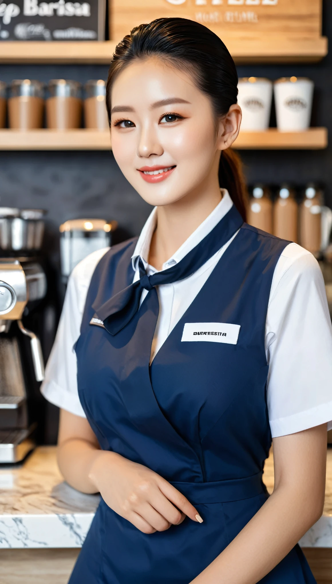 close-up shot of beautiful korean female, 36 inch breasts size, slicked back hair, slightly smile, wearing dresed in a blue, black and white themed sleeveless collared barista uniform, at the coffee counter