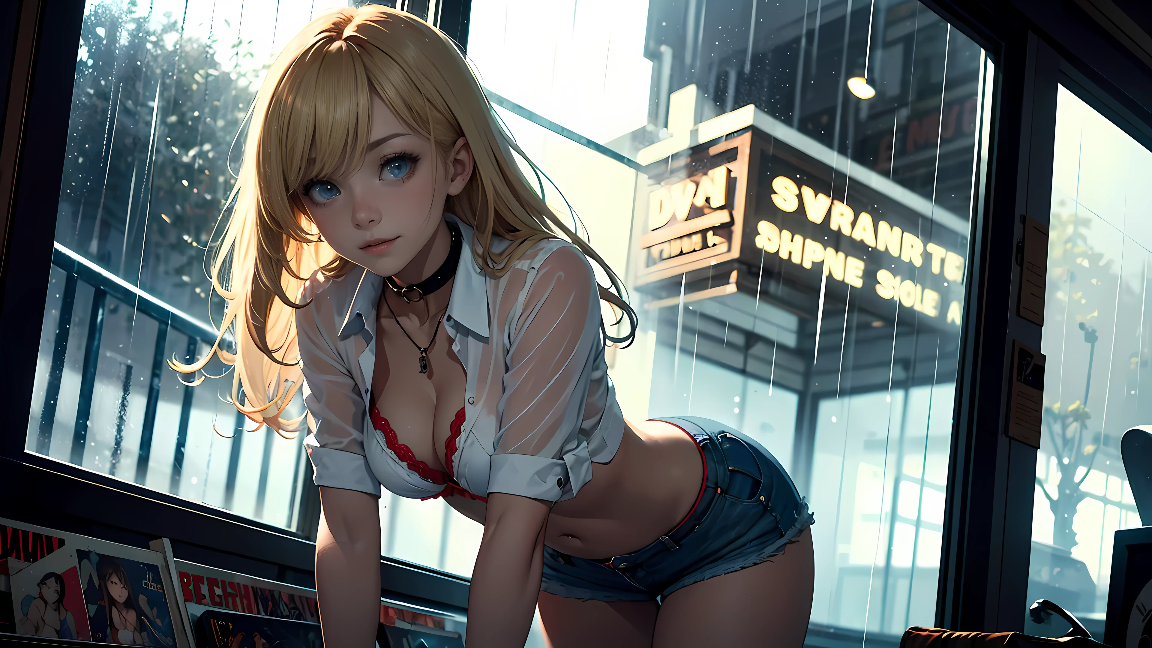 21 year old girl,
long blonde hair, big eyes, sweet smile, small breasts, thin hips,
dog collar, white unbuttoned shirt, red bra, cleavage, jean shorts,
record store, vinyl,
open door, open window, rain, raining outside,
dramatic lighting, cinematic lighting, Rembrandt lighting,