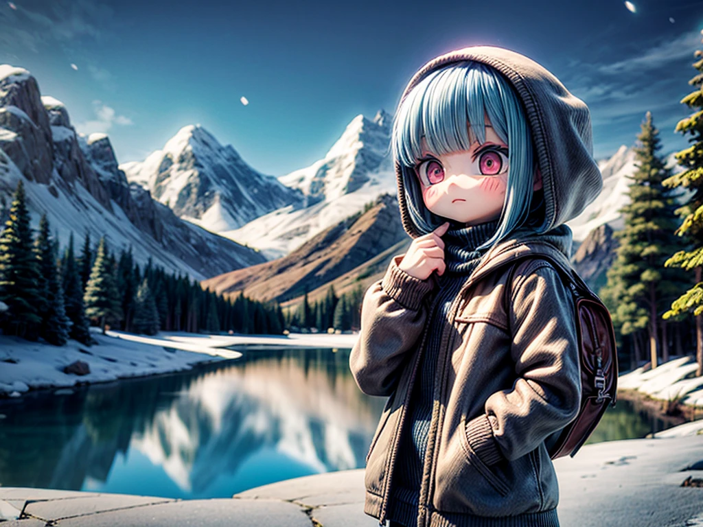 A girl looking up at a multicolored glowing UFO, snowy landscape, mountains, lake