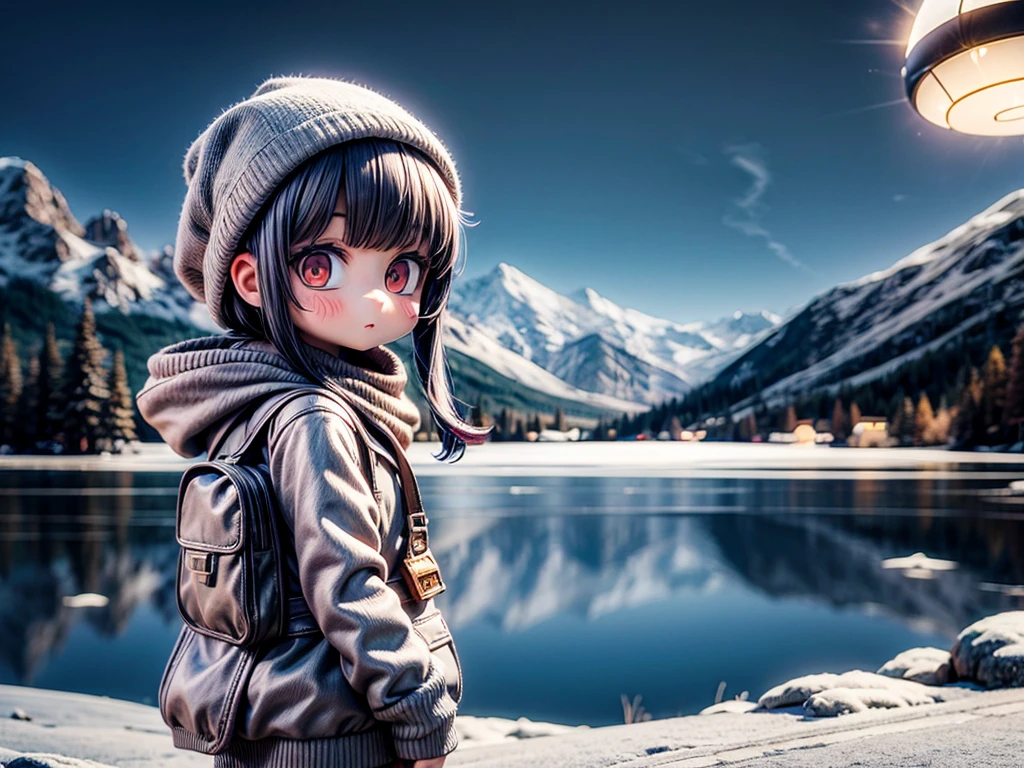 A girl looking up at a multicolored glowing UFO, snowy landscape, mountains, lake