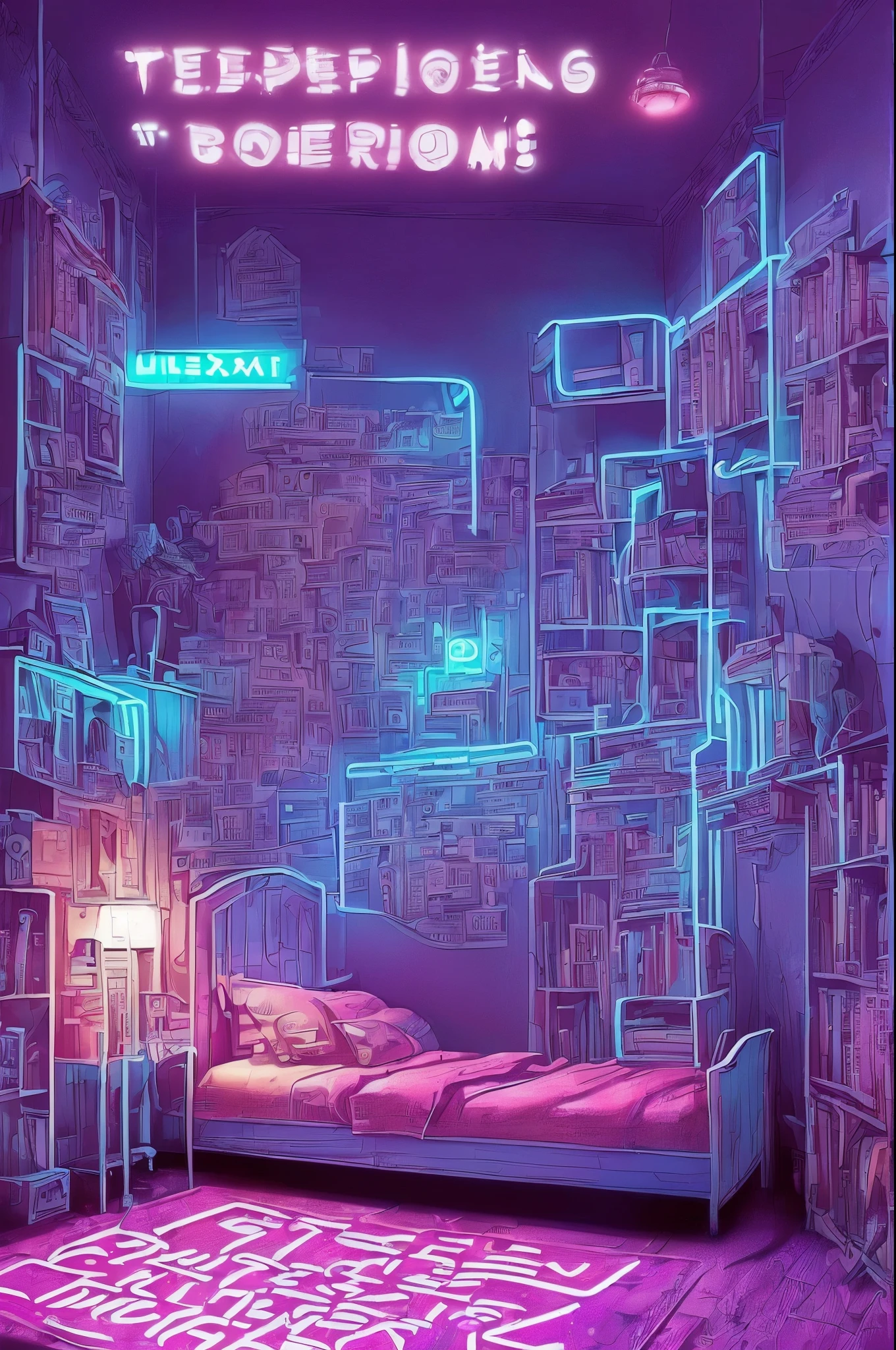 ((teenage rooms a little messy:1.4)), at night:1.3, ((computer on:1.3)), 3 books lying on the floor, clothes lying around:1.3, ((neon lights:1.5 text, exit emergency:1.4)), luminous object with neon, ((Imaginative scene)), (( very detailed: 1.4), (( Masterpiece )), ( Hyper-detailed and beautiful: 1.3), ( Photorealistic: 1.4), 32k .