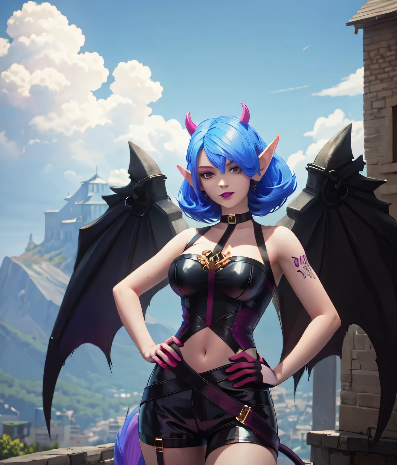 ((big breasts)), wings, 1girl, solo, looking at viewer, short hair, large breasts, gloves, dress, medium breasts, blue hair, tail, purple hair, horns, pointy ears, hand on hip, thigh strap, demon girl, demon horns, demon tail, demon wings [purple hair: blue hair:0.2],  (castle), gloom, darkness, mountains, ghosts, death, purple background, ((glow)), BREAK bat, purple lips, 2 wings, (masterpiece,best quality:1.****ung girl, multi-colored hair, Short purple hair with yellow tips, blue eyes, Smile, open belly, Purple T-shirt, Huge-breasts, red tattoos, Shorts, Masterpiece, hiquality, 4k, HD, Good detail 