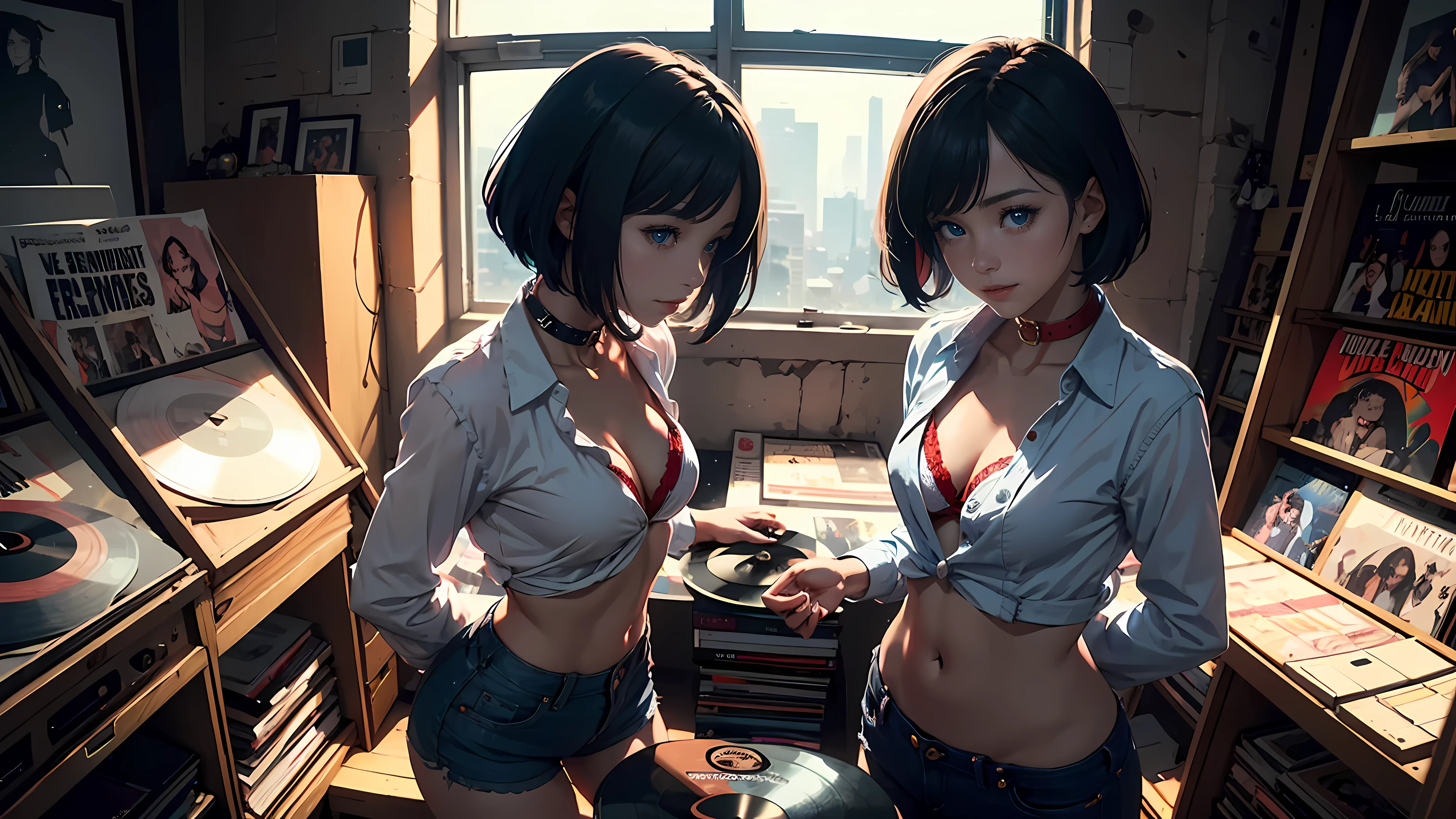 21 year old girl,
short blue hair, big eyes, sweet smile, small breasts, thin hips,
dog collar, white unbuttoned shirt, red bra, cleavage, jean shorts,
record store, vinyl,
open door, open window,
dramatic lighting, cinematic lighting, Rembrandt lighting,