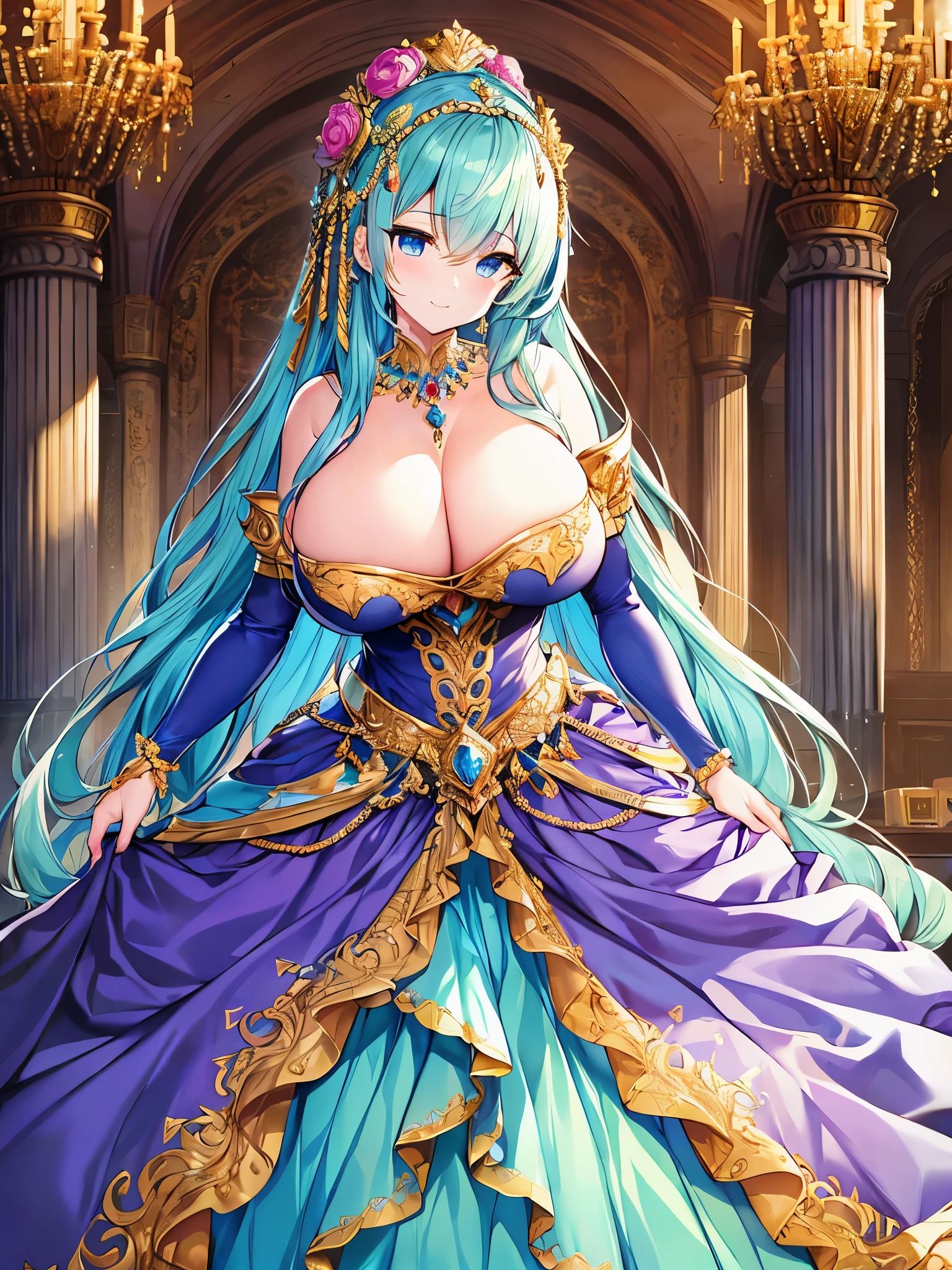 anime artstyle,(absurdres, Full-HD),Masterpiece,Best Quality,Super Detail,((Very Delicate and Beautiful)),cinematic lighting,Solo,full body,((full body shot)),((1 gorgeous bling-bling princess)),detailed face and eyes,jewel-like eyes,((((absurdly gigantic tits)))),(((cleavage,curvy))),Skindentation,((fantasy castle,outdoor)),((crinoline,long train)),super detailed gorgeous princess rococo ballgown with voluminous full length hoop skirt and long train,((bling-bling gorgeous rococo ballgown with beautiful embroidery and jeweled)),((large amount of straight hair, absurdly long hair,Very Long Straight Hair)),extremely gorgeousfull hair ornament,(bling-bling extremely gorgeousfull jeweled tiara),luxurious jewelry,full body shot,((bling-bling gorgeous rococo ballgown with voluminous full length hoop skirt))