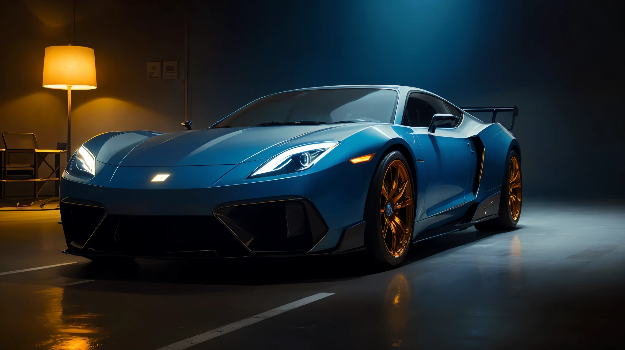 (highest quality、High resolution、Super detailed:1.2)、sharp focus、dramatic lighting、sports car headlights、high beam、light up、intense beam、sophisticated design、strong brightness、Glossy finish、futuristic style、Bright colors