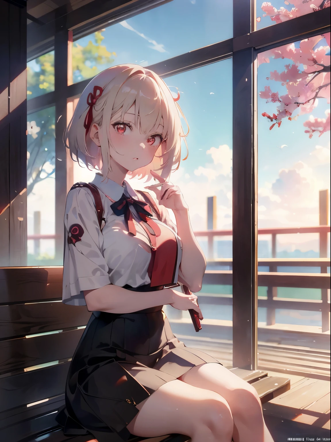 platinum-blonde,Medium Hair,Red-eyed,Senzoku Nishikiki,Anime girl sitting on licorice recoil bench and taking pictures, Beautiful anime girl, Cute anime girl, Anime visuals of cute girls, (Anime Girl), Anime Girl,Anime art wallpaper 8k