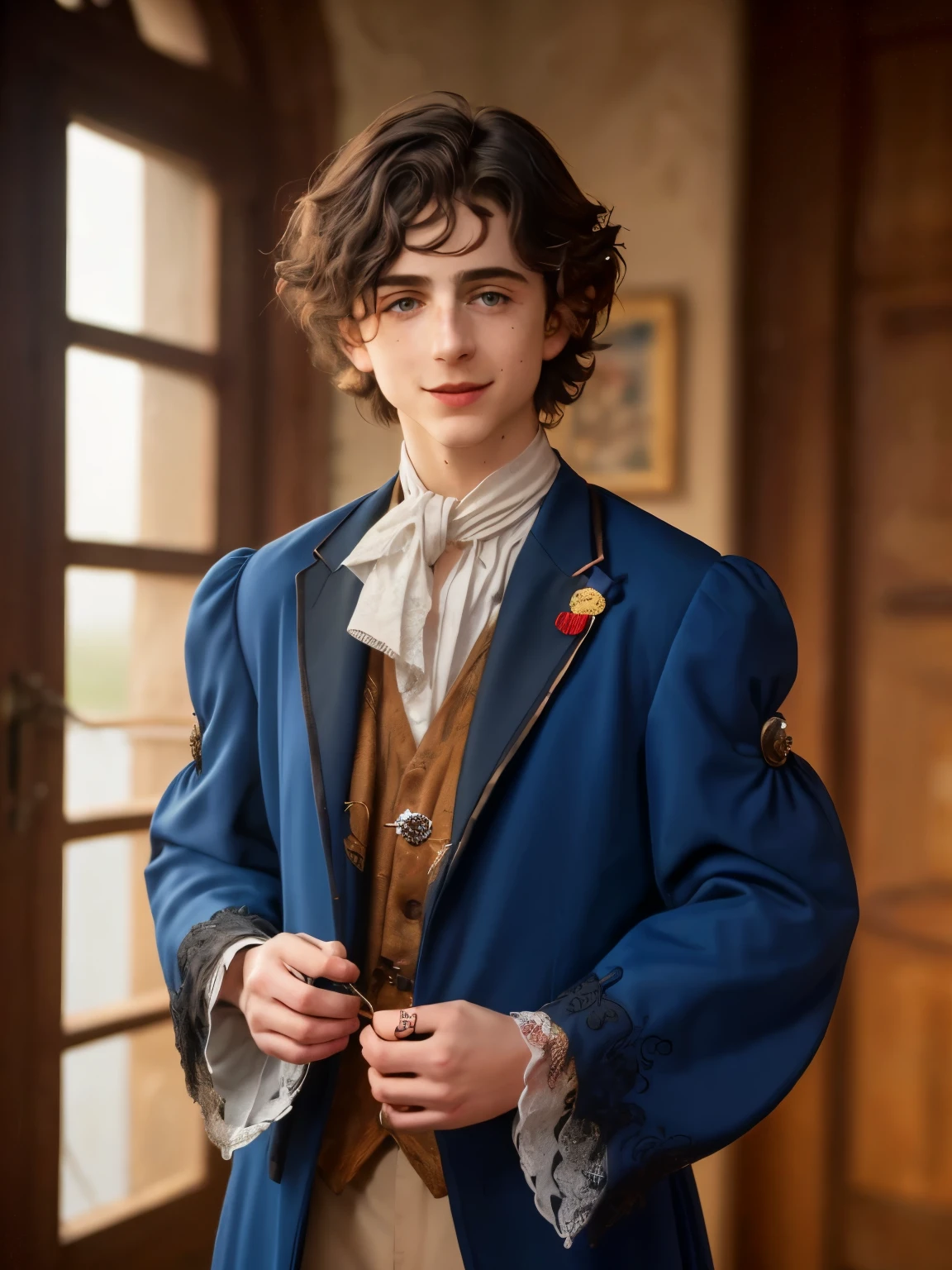 timochal2023, 1boy, male snow white , 17th century clothes, white ascot, pendant, steampunk, grim fairytales , mechanical arm, uhd, best quality, masterpiece, trending on arstation, rtx on, reflections, dramatic lighting, cinematic lighting, depth of field, smile, gothic, disney, 1boy, short hair, black hair, ascot, brooch, freckles, prosthesis, brooch, frills, royal blue coat, frilled sleeves