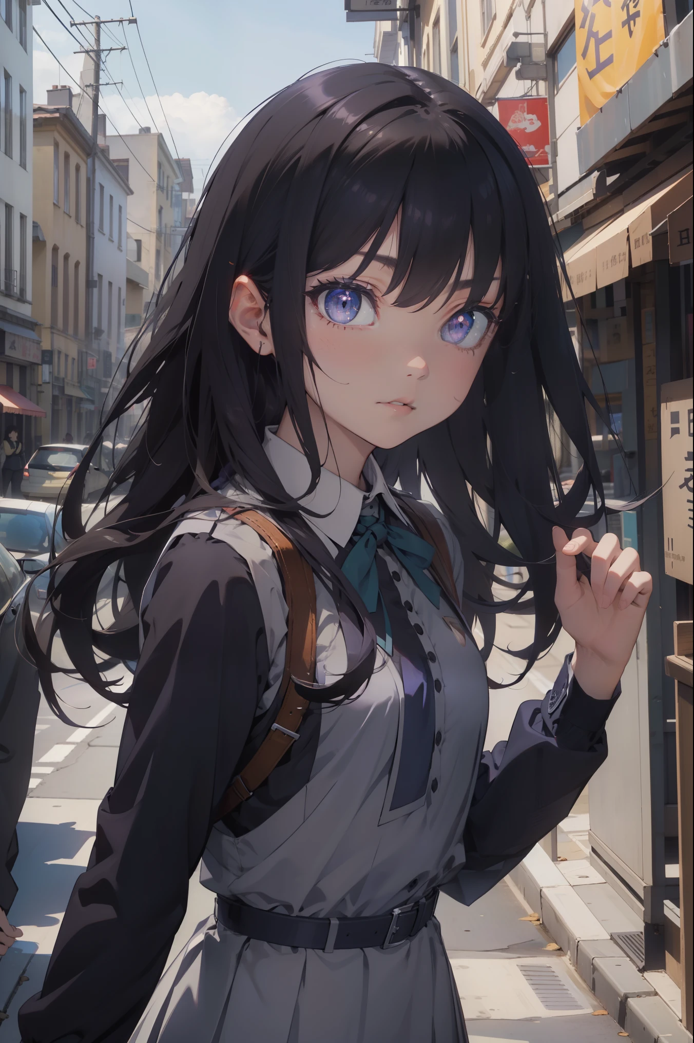 takinainoue, inoue takina, long hair, bangs, black hair, (purple eyes:1.2), BREAK shirt, long sleeves, dress, ribbon, , white shirt, collared shirt, belt, neck ribbon, blue dress, green ribbon, pleated dress, grey dress, two-tone dress, blue belt, lycoris uniform, BREAK outdoors, city, BREAK (masterpiece:1.2), best quality, high resolution, unity 8k wallpaper, (illustration:0.8), (beautiful detailed eyes:1.6), extremely detailed face, perfect lighting, extremely detailed CG, (perfect hands, perfect anatomy),