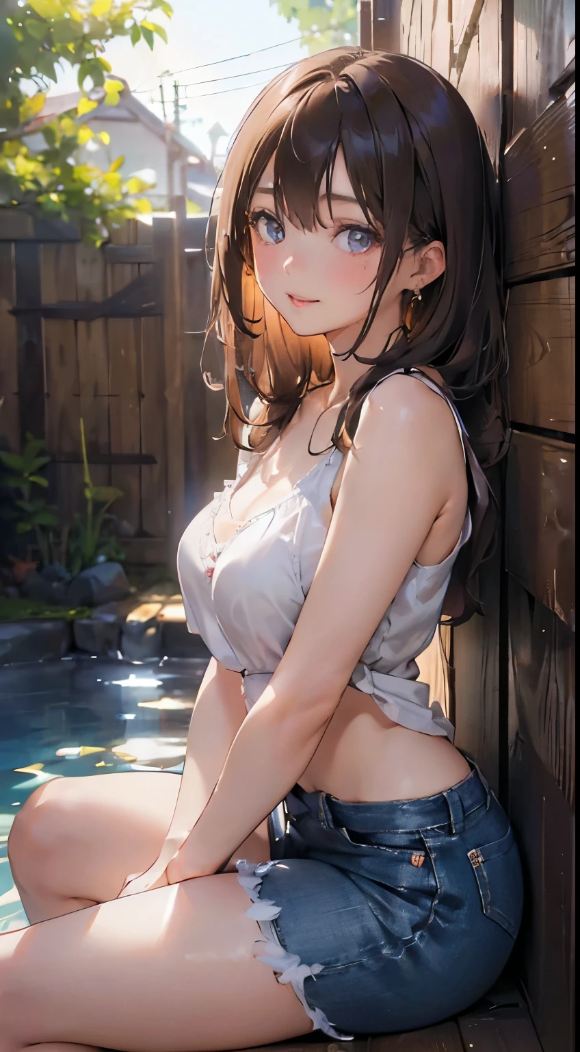(masutepiece: 1.3), (max resolution: 1.2), (Ultra HDTV: 1.2), cinematric light, Ultra HDTV, (Detailed eyes and skin), (detailed facial features), nffsw, 8K resolution, Sharp Focus: 1.2, Perfect Style, Beautiful face, Perfect body, precise, Anatomically correct, Highly detailed face and skin texture, Detailed eyes, Dark-blue eyes, Double eyelids, Thin eyebrows, Glitter Eyeliner: 1.2, Natural cheeks, Glossy skin, Fair skin: 1.2, shiny little necklace and earrings, (Glossy lips: 1.4), BREAK, One-person viewpoint, (She is a very cute female teacher), (Pink lace panties), (Seductive smile: 1.2), ((a Innocent and cute girl:1.3)), (Long Wave Hair), (ligh brown hair:1.2), (Cowboy Shot: 1.2), BREAK, ((Very intimate relationships: 1.2)), medium large breasts, ((Looking at Viewer:1.2)), ((Hot spring trip:1.2)), ((Bend your knees and open your legs wide:1.2)), (From Side:1.2),low angle shot,Sleeveless sweater Tight jeans skirt Embarrassed look Kamimei