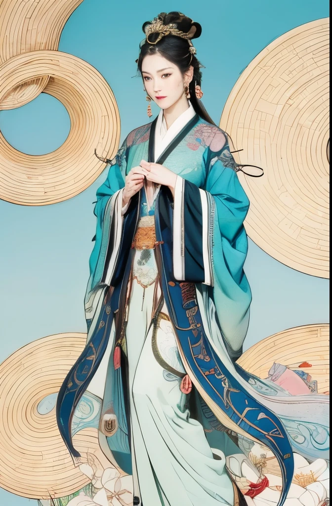 (masterpiece, top quality, best quality, official art, Beautiful and beautiful:1.2), (1 Chinese goddess,Chang'e fairy:1.5), Very detailed,(Dunhuang艺术:1.1),(Dunhuang,colorful:1.1)(flowers:1.3),most detailed,(Zentangle:1.2), (Dynamic flight attitude,Foot on the white clouds), (blue sky, White clouds and bright moon background:1.3), (Chinese traditional Hanfu fabric:1.2), (shiny skin), (Many colors:1.4), ,(earrings:1.4),
