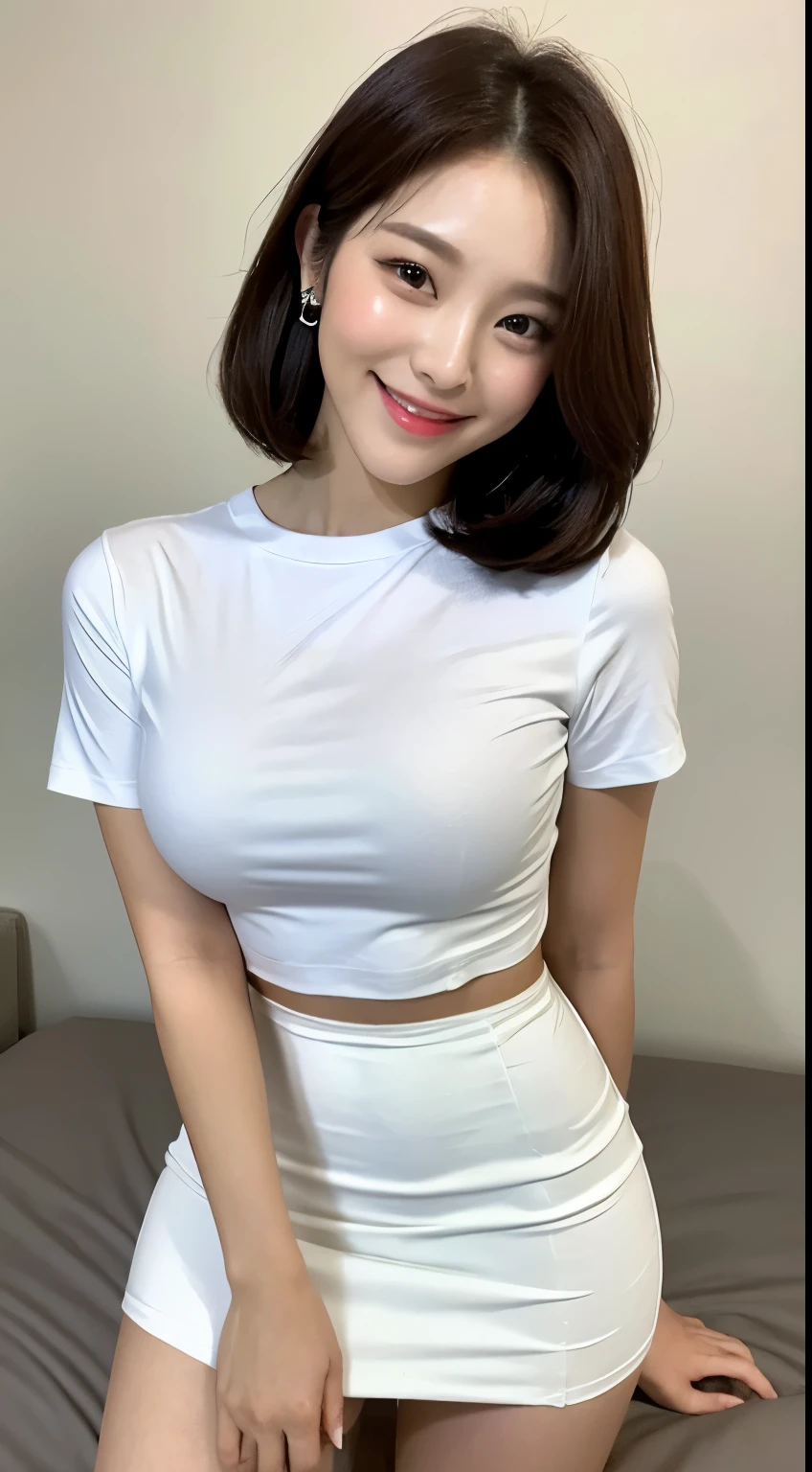white tight shirt、white tight mini skirt、bed、smile、short sleeve、high resolution、Korean idol face