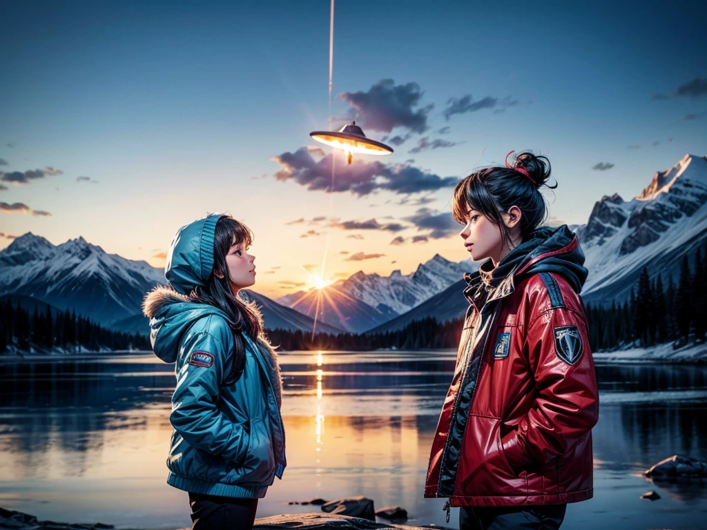 A girl looking up at a multicolored glowing UFO, snowy landscape, mountains, lake