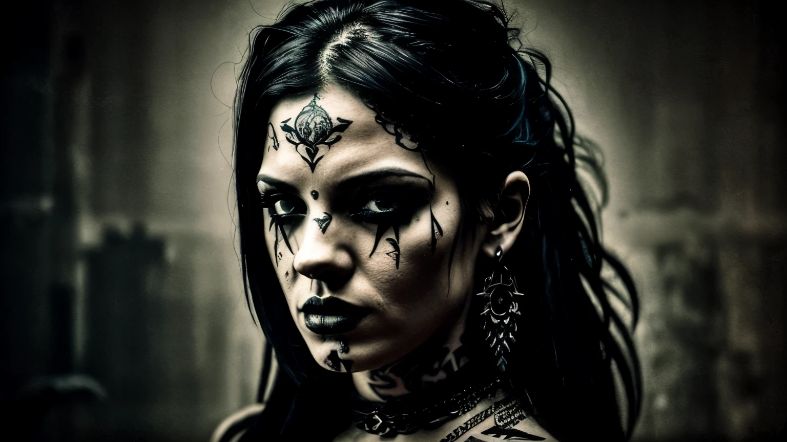 Portrait of a female rocker, expressive eyes, tattoos, attitude, sultry, pictorialism, dystopian, grim dark, goth, chiaroscuro, contrast, surrealism, gritty background, , grunge, graffiti