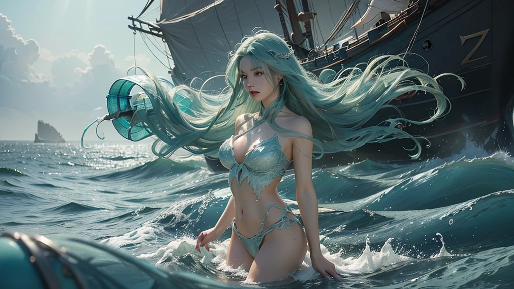 (best quality,ultra-detailed,realistic),portraits,medium:oil painting,(HDR,studio lighting),vivid colors,sharp focus,physically-based rendering,(A lovely siren),beautiful detailed eyes,beautiful detailed lips,extremely detailed eyes and face,long eyelashes,(light green skin),(aquamarine eyes),blue-green color tones on the face,(coke bottle figure),(blessed proportions),(sea foam green hair ankle length),flowing hair,(dressed in tatters, holding a lantern that shines unnaturally bright and swirls with evil energy),tattered clothing flowing in the wind,(age 20),serene expression,graceful pose,emerging from the ocean,sparkling water droplets on skin and hair,faint shimmering scales on the legs,gentle waves in the background,strands of seaweed entwined in the hair, she is singing standing atop the head of a (subject:2 horrible giant monster (many eyes, many tentacles, huge maw full of jagged teeth)), (subject 3: A sailing ship in the distance approaches the siren and its doom), it is a pitch black night with light rain and just a little lightning (the siren's lantern is the primary light source)