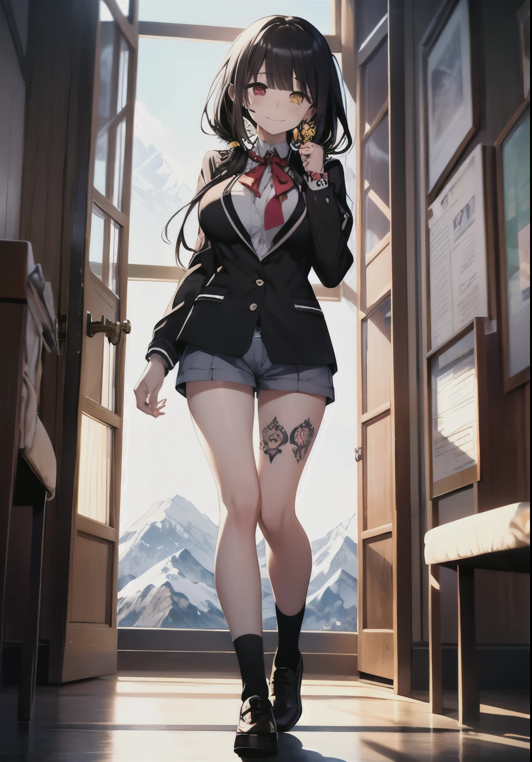Masterpiece, high quality, ultra quality, best lighting, 1girl, ((tokisaki kurumi)), long hair, black hair, low twintails, monochrome, ((right red eye:1, left yellow eye:1)), black , ((black school uniform)), ((short pants)), ((big breast)), ((big thigh)), smile, blush, cute face, ((gesugao face)), standing, sexy body, sexy, tattooed full body, tattooed face, (((tattooed))),looking at viewer, large the breast, nsfw, (((mountain)))