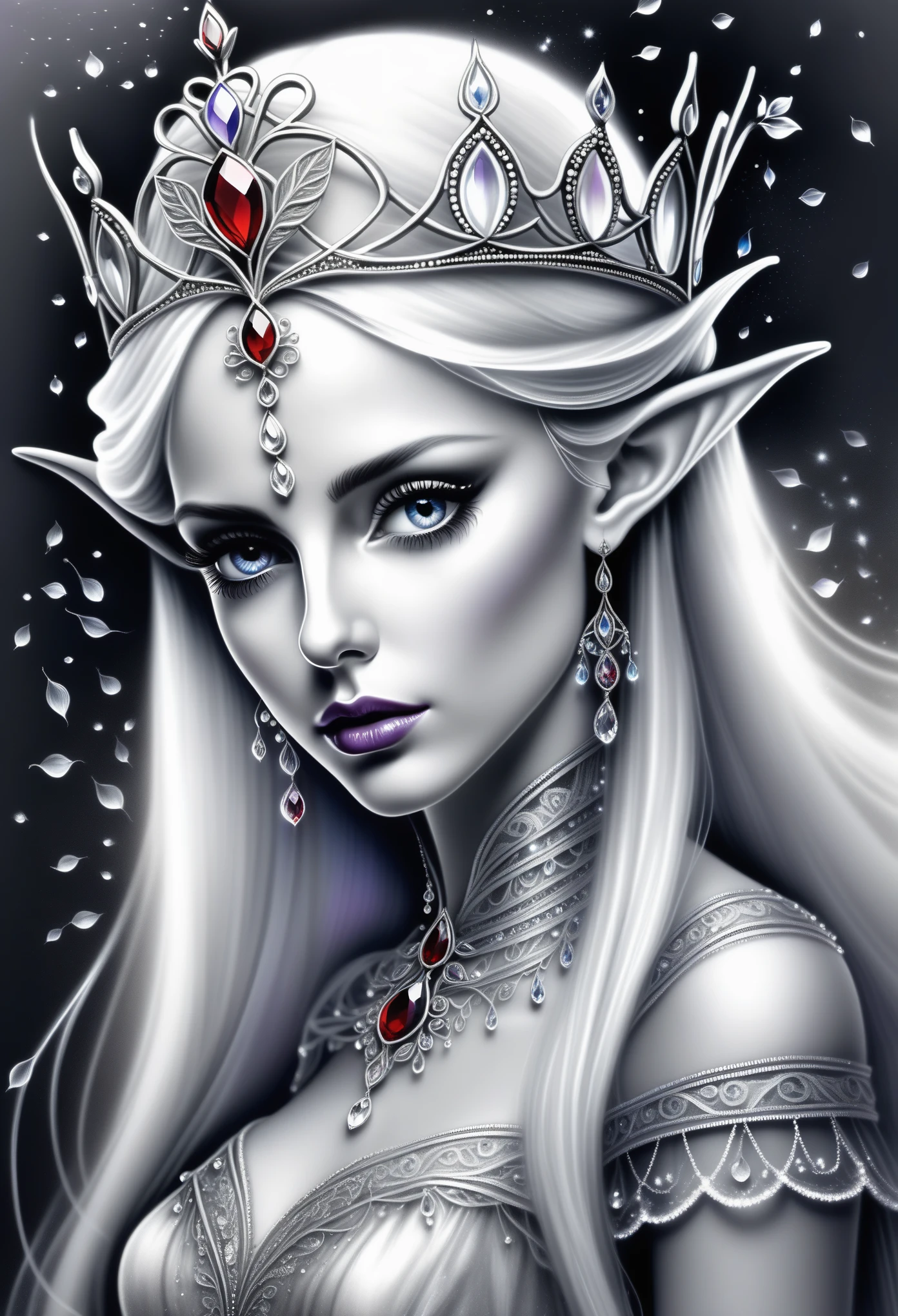 (Pencil_Sketch:1.2, messy lines, greyscale, traditional media, sketch),(full body portrait:1.5), (Far focus design:1.5), An elf queen, High-level elf noble clothing, Proud, shy, bell, Triple crown, Glowing white pupils, Eyes look toward central focus, wrapped in lilac metallic canvas, Exuding an aura of dark fantasy and hatred, Intricate and exquisite details, Highlight thin strokes, dark rich color palette, Black, Red, white, blue, Added to enhance the overall ambience, Beautiful details glow, smooth and flawless, through double exposure technology, Hauntingly beautiful mist shrouding the landscape, Delicate crystal structure sparkles, ethereal light, Soft baby pink cherry blossoms, Exquisite carpet floor, Optical fiber thin fibers add touch, Intricate and mysterious, nose blush, rococo style, high detail, Conceptual art, UHD, anatomically correct, super detail, best quality, 8k