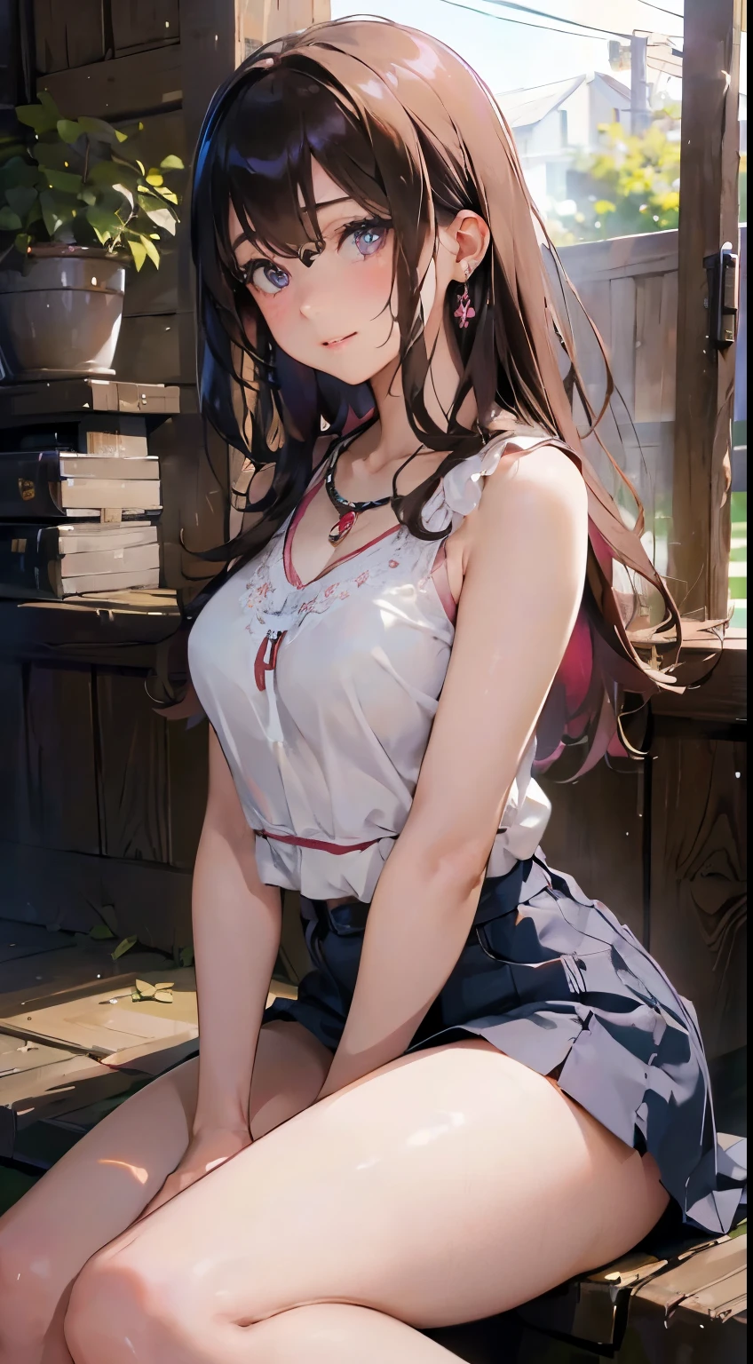 Highest quality, masterpiece, 4K, Highly detailed face, Highly detailed skin, Highly detailed wallpaper, Japanese anime, Second Dimension, Small face, Big Breasts, Normal body, Accurate body, Fine skin, Very beautiful cleavage, NSFW, whole body, One girl, A face that makes you want to have sex, On the bed, Sweaty, Cosplay, , mini skirt, Cowgirl, Angle from below, Roll up your skirt