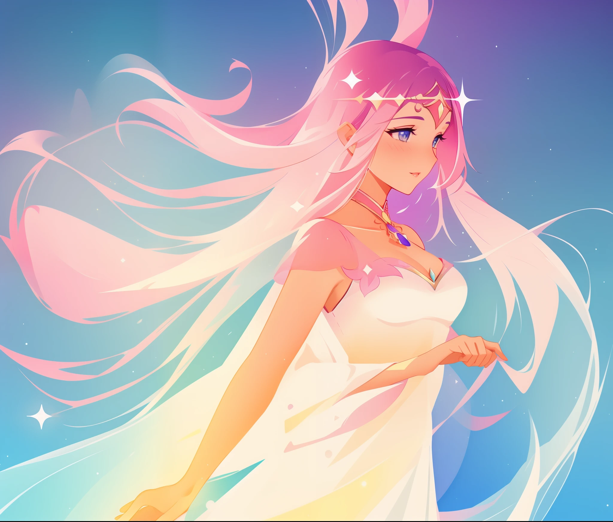 beautiful girl in white arabian two-piece dress, (arabian princess), (arabian dancer), (fantasy arabian dress), long colorful sparkling pink hair, watercolor illustration, Lois van Baarle, glowing aura around her, Glen Keane, jen bartel, glowing hair, beautiful digital illustration, fantasia background, beautiful, masterpiece, best quality, anime disney style, (detailed eyes), golden ratio, perfect composition
