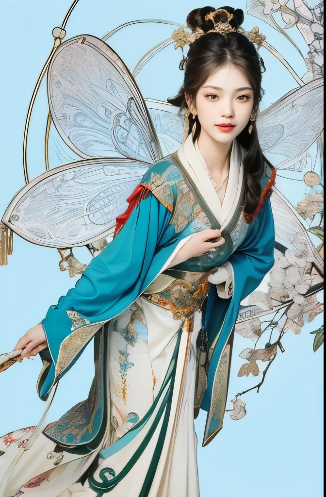 (masterpiece, top quality, best quality, official art, Beautiful and beautiful:1.2), (1 Chinese goddess,Chang'e fairy:1.5), Very detailed,(Dunhuang艺术:1.1),(Dunhuang,colorful:1.1)(flowers:1.3),most detailed,(Zentangle:1.2), (Dynamic flight attitude,Foot on the white clouds), (blue sky, White clouds and bright moon background:1.3), (Chinese traditional Hanfu fabric:1.2), (shiny skin), (Many colors:1.4), ,(earrings:1.4),