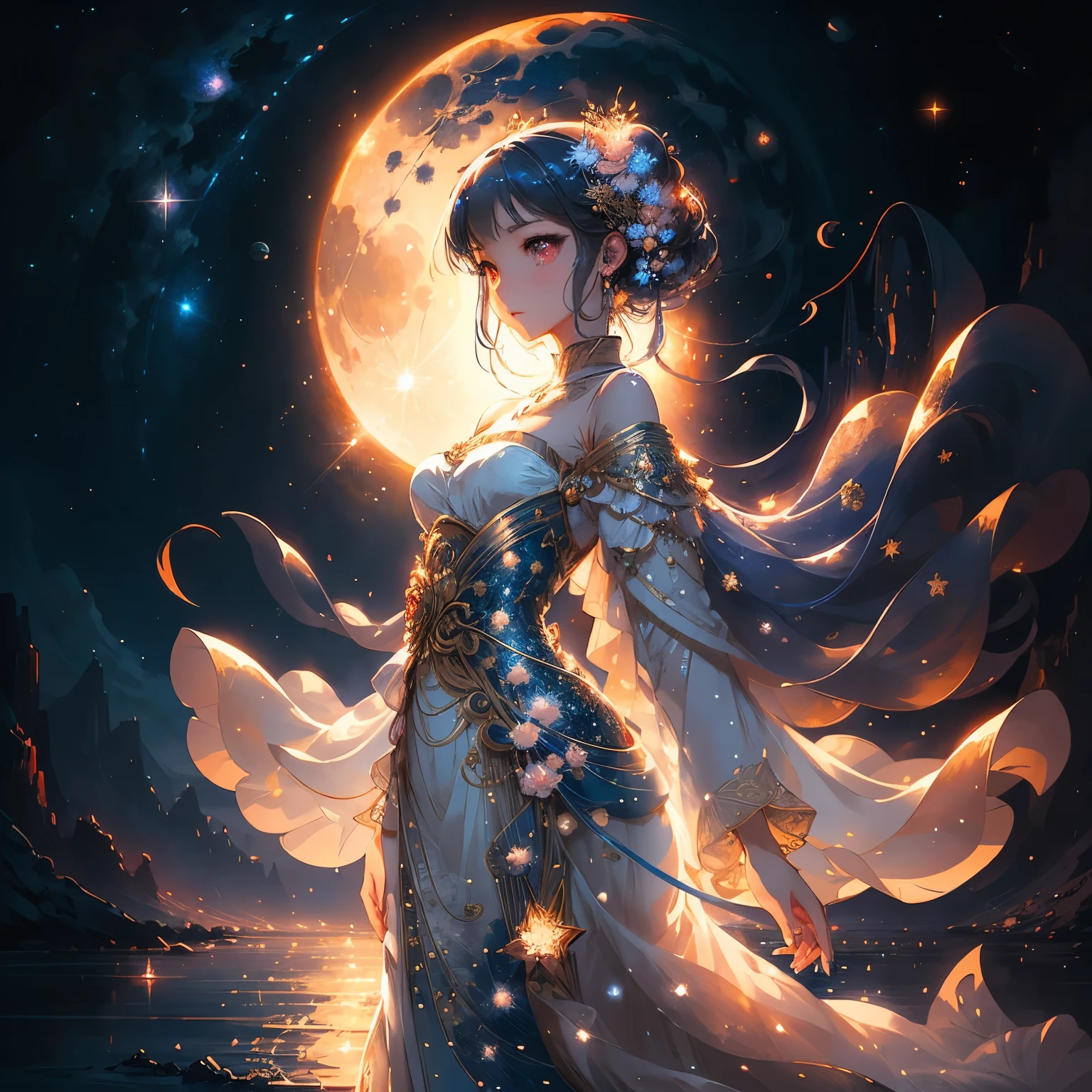 Picture a stunningly beautiful woman, her figure highly condensed and almost ethereal. She is dressed in an exquisite painting of stars and moons, the celestial bodies twinkling and shimmering against the river and sky. This concept art, inspired by the masterful brushstrokes of Tosa Mitsuoki, is a pixiv competition winner, a true masterpiece of the best quality.
Anime fans and artists alike are captivated by the beautiful anime scenes that unfold before their eyes. The round, bright moon casts a gentle glow over the starry sky environment in the moonlight, and the dream painting comes alive with intricate details and atmospheric anime elements