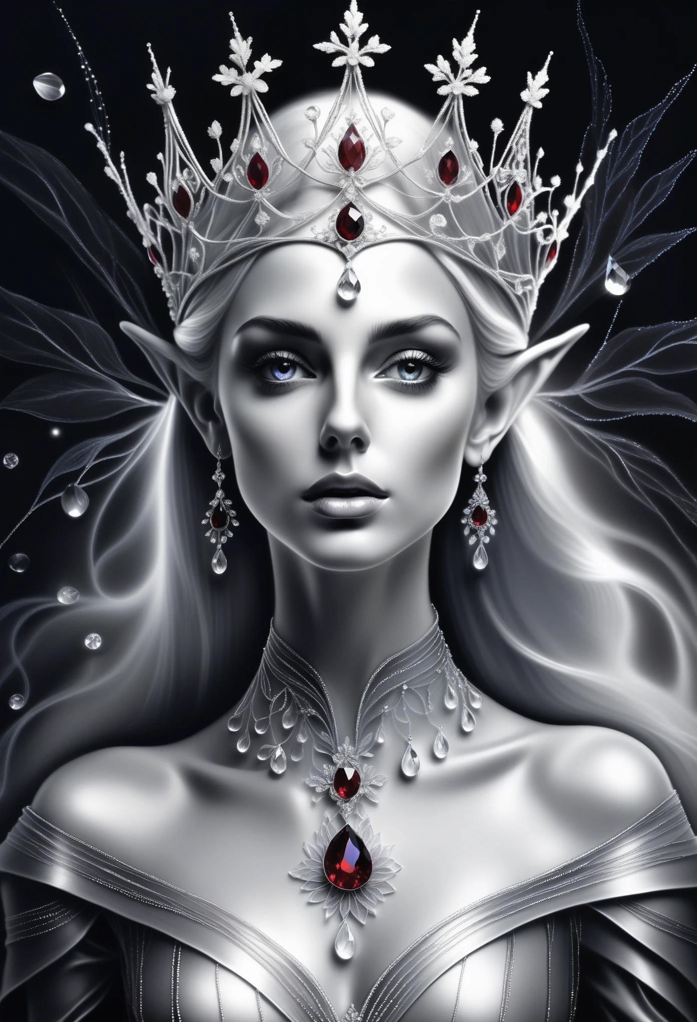 (Pencil_Sketch:1.2, messy lines, greyscale, traditional media, sketch),(full body portrait:1.5), (Far focus design:1.5), An elf queen, High-level elf noble clothing, Proud, shy, bell, Triple crown, Glowing white pupils, Eyes look toward central focus, wrapped in lilac metallic canvas, Exuding an aura of dark fantasy and hatred, Intricate and exquisite details, Highlight thin strokes, dark rich color palette, Black, Red, white, blue, Added to enhance the overall ambience, Beautiful details glow, smooth and flawless, through double exposure technology, Hauntingly beautiful mist shrouding the landscape, Delicate crystal structure sparkles, ethereal light, Soft baby pink cherry blossoms, Exquisite carpet floor, Optical fiber thin fibers add touch, Intricate and mysterious, nose blush, rococo style, high detail, Conceptual art, UHD, anatomically correct, super detail, best quality, 8k