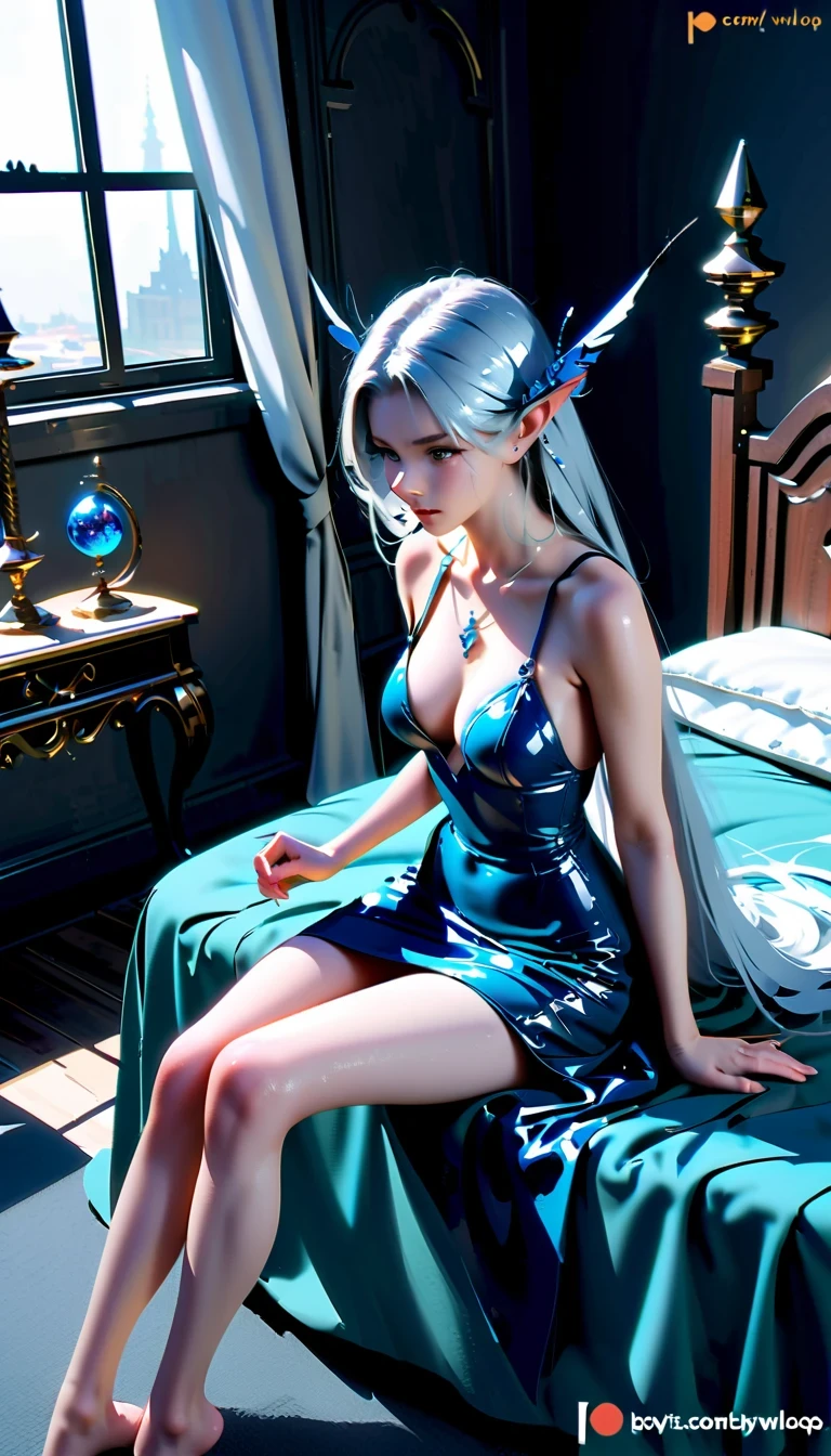 whole body，Haiqinyan by WLOP, Elf Queen Pictures, blue eyes, Long silver hair, long ears, comics《magic sword》heroine, fantasy art style, Beautiful illustration, elegant gesture, blue dress, sitting on bed, fantasy photography, Elf princess temperament, Top model beauty