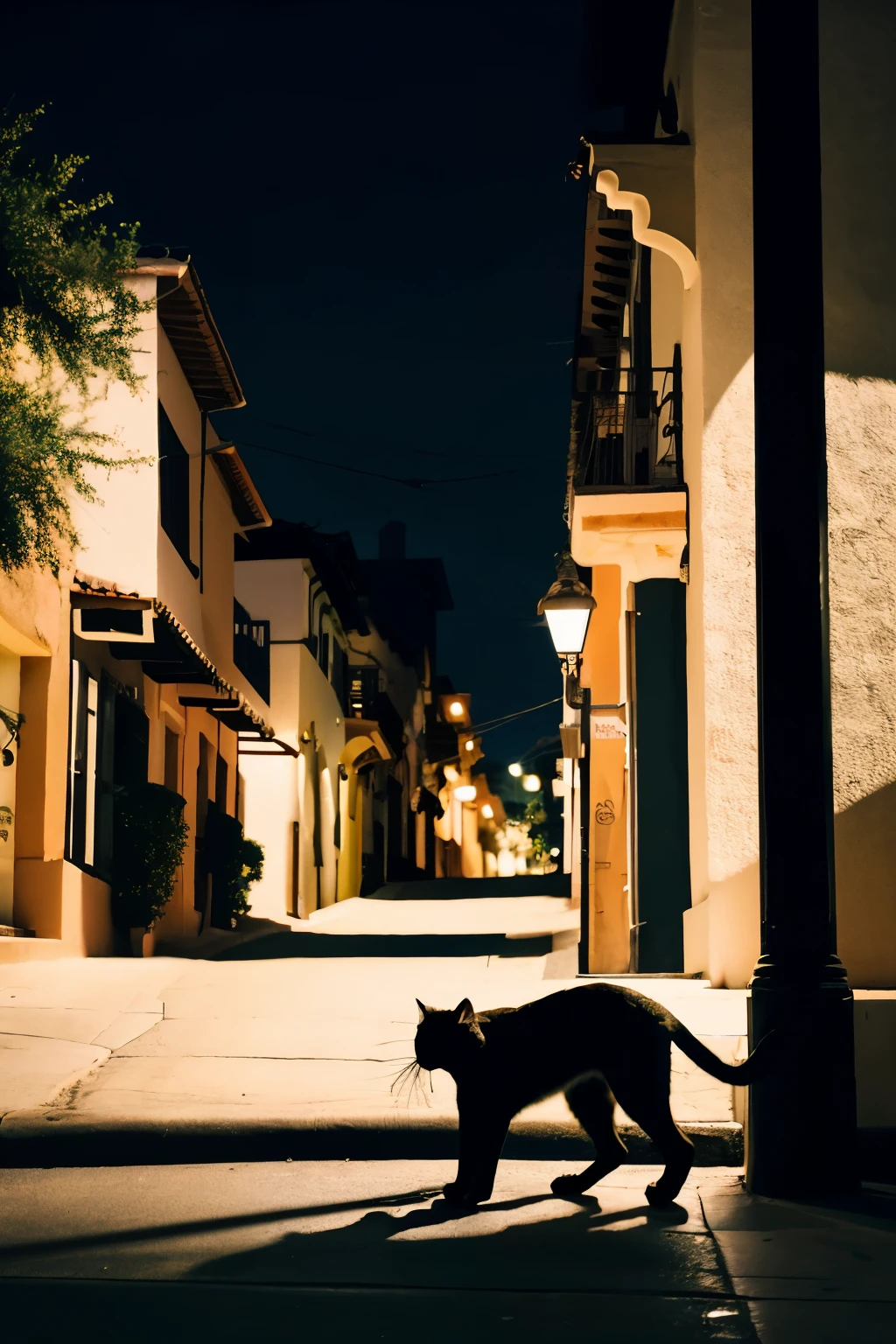 a black panther strolling down a picturesque street in Santa Barbara, Malibu, with stunning cinematic style. Your image should be rich in detail and show the majesty of the panther in contrast to the elegant and relaxing atmosphere of the street. Explore dramatic lighting to highlight the feline's beauty and the serene surrounding landscape.