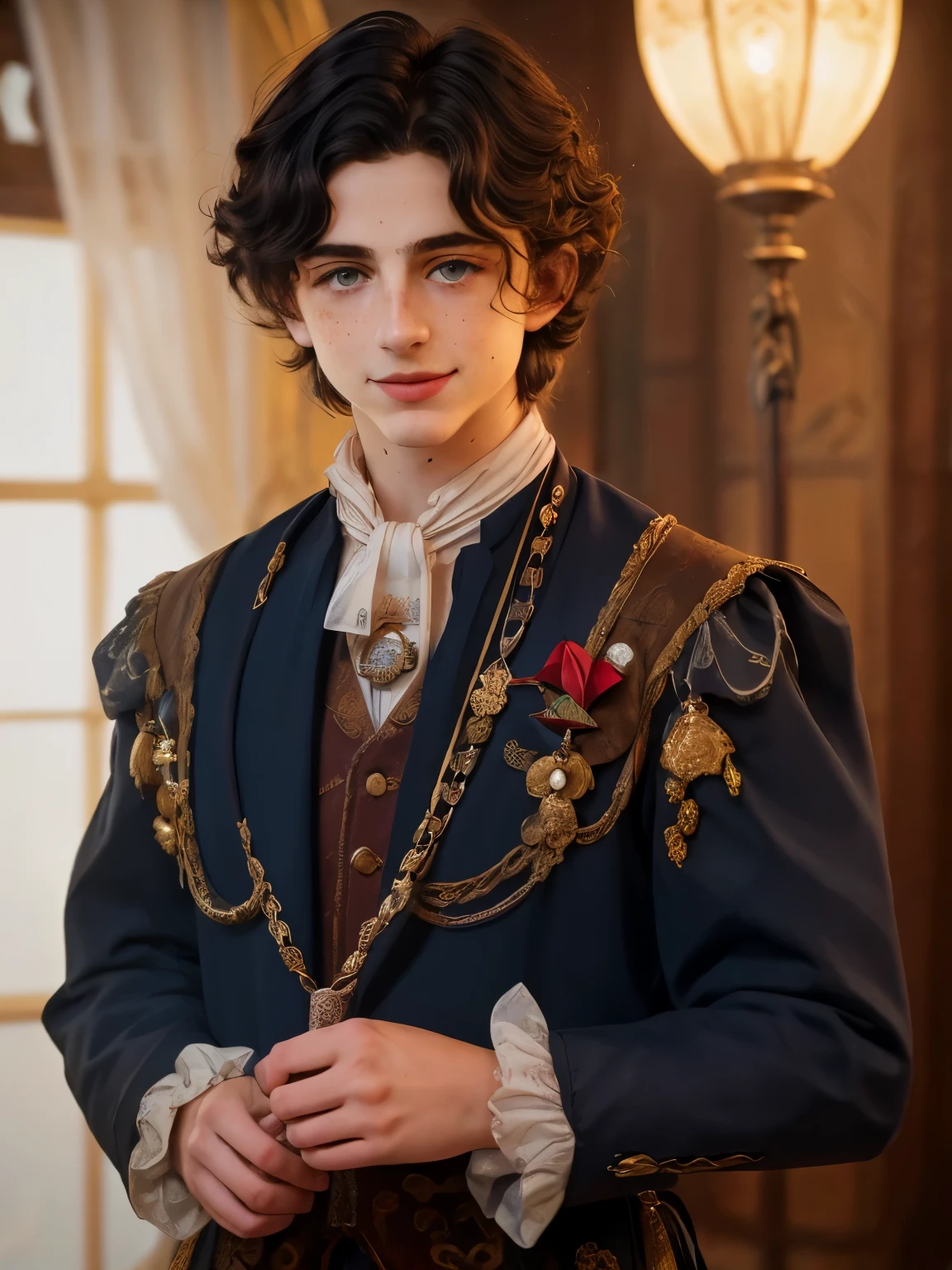 timochal 20 years old, 1boy, male snow white , 17th century clothes, white ascot, pendant, steampunk, grim fairytales , mechanical arm, uhd, best quality, masterpiece, trending on arstation, rtx on, reflections, dramatic lighting, cinematic lighting, depth of field, smile, gothic, disney, 1boy, short hair, black hair, ascot, brooch, freckles, prosthesis, brooch, frills, royal blue coat, frilled sleeves