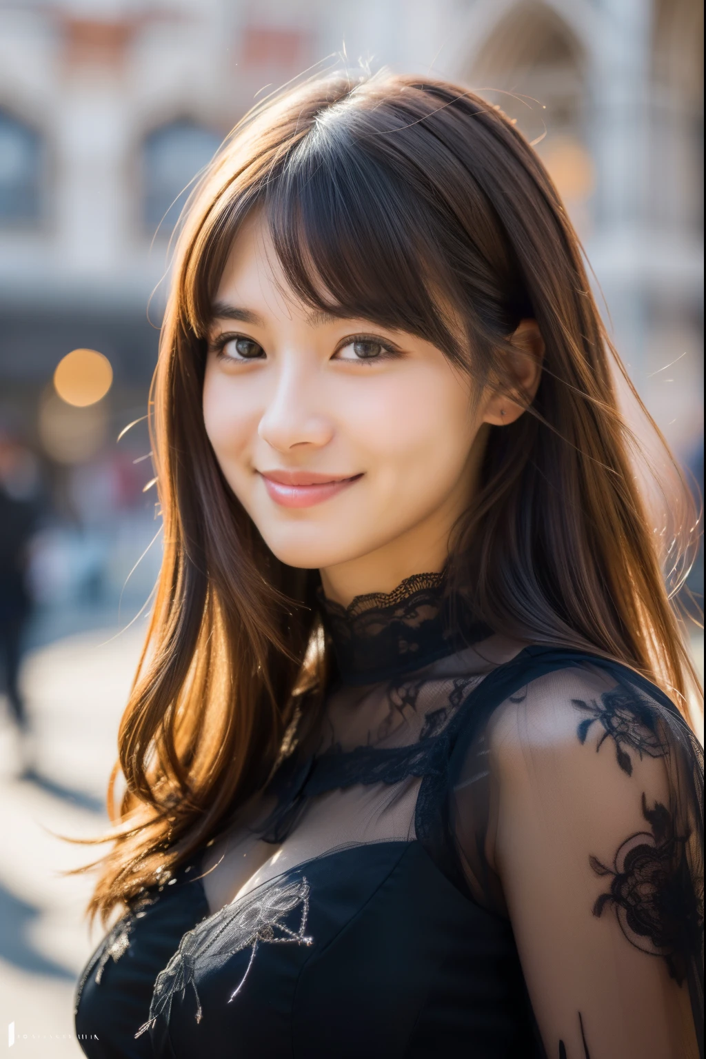 ulzzang-6500-v1.1,(masterpiece, highest quality:1.3), (Ultra-detailed 8K:1.2), (hyperrealistic:1.35),(Raw photo:1.2),highest quality, High resolution, wallpaper, realistic, ,rending with ArtStation, Trending on CGsociety, sharp focus, (dramatic, Realistic painting art by Midjourney:1.3) BREAK (Japanese women:1.3), 18 years old, (bewitching smile:1.3), action, gravure, sexy, super beautiful, beautiful skin, beautiful and detailed eyes, detailed face, slim, Moderately, clean long hair, brunette hair, dark brown eyes, look at the camera, (full shot:1.3),(lace dress, Details of fabric texture:1.3) BREAK bright lighting, professional lighting, face light, smooth lighting, (Florence's streets lined with Gothic architecture:1.3)