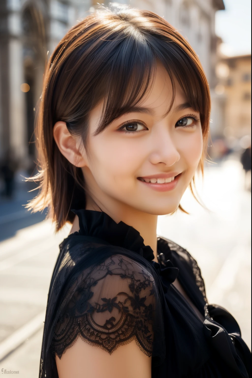 ulzzang-6500-v1.1,(masterpiece, highest quality:1.3), (Ultra-detailed 8K:1.2), (hyperrealistic:1.35),(Raw photo:1.2),highest quality, High resolution, wallpaper, realistic, ,rending with ArtStation, Trending on CGsociety, sharp focus, (dramatic, Realistic painting art by Midjourney:1.3) BREAK (Japanese women:1.3), 18 years old, (bewitching smile:1.3), action, gravure, sexy, super beautiful, beautiful skin, beautiful and detailed eyes, detailed face, slim, Moderately, clean long hair, brunette hair, dark brown eyes, look at the camera, (full shot:1.3),(lace dress, Details of fabric texture:1.3) BREAK bright lighting, professional lighting, face light, smooth lighting, (Florence's streets lined with Gothic architecture:1.3)