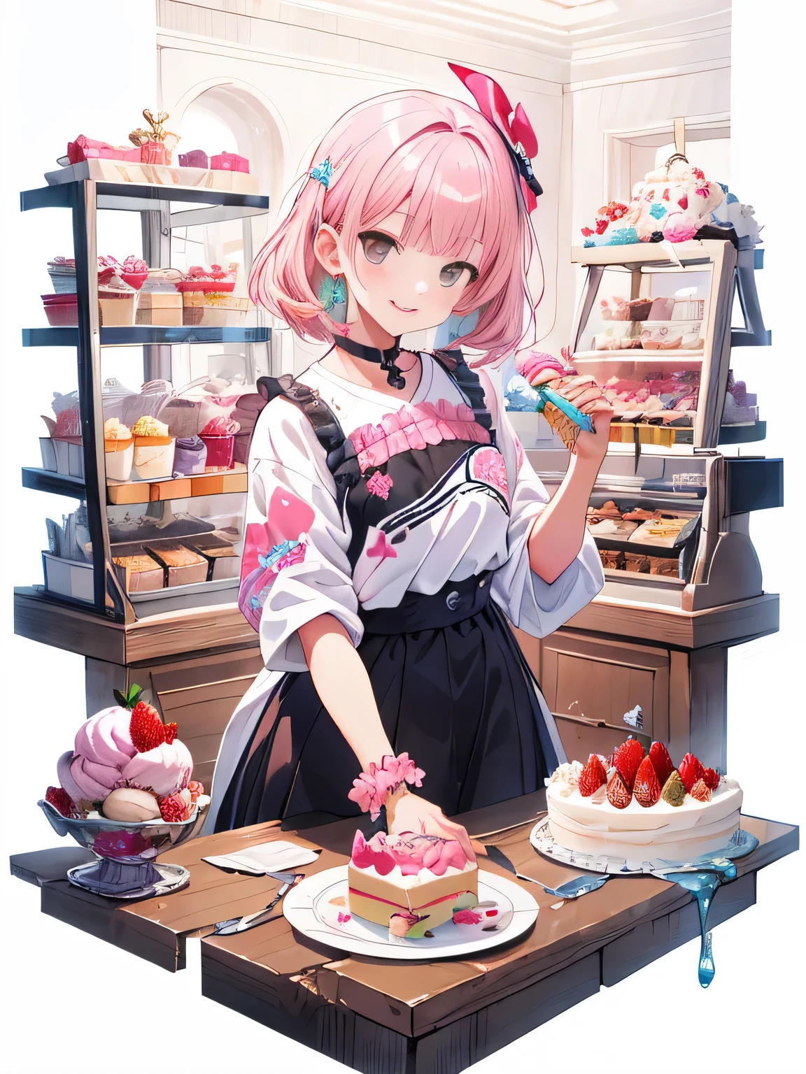 (((masterpiece))),highest quality, [(white background:1.5)::5], (isometric:1.1), Beautifully detailed fashion magazine style, Pink hair girl wearing pastel decora fashion, intricate illustrations, ice cream, sweets, shimmer, iridescent, particles of light, cake, strawberry, fruit, dynamic angle, pink theme, shiny, shiny服, frills, 8K, smile,