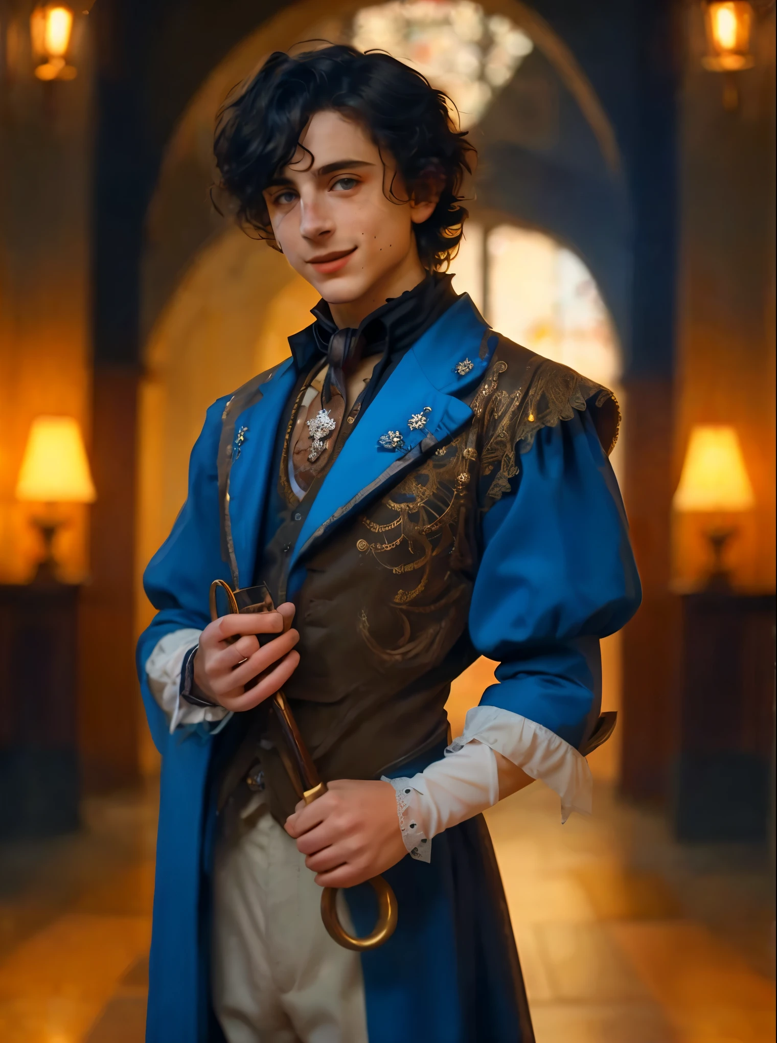 timochal2023, 1boy, male snow white , 17th century clothes, white ascot, pendant, steampunk, grim fairytales , mechanical arm, uhd, best quality, masterpiece, trending on arstation, rtx on, reflections, dramatic lighting, cinematic lighting, depth of field, smile, gothic, disney, 1boy, short hair, black hair, ascot, brooch, freckles, prosthesis, brooch, frills, royal blue coat, frilled sleeves