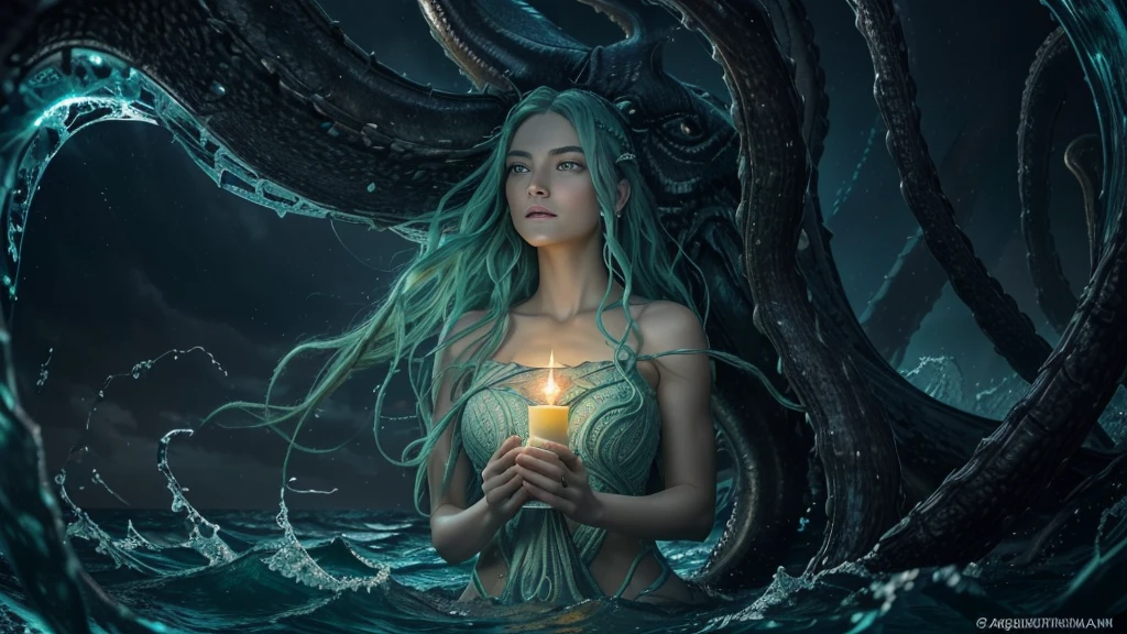 (best quality,ultra-detailed,realistic),portraits,medium:oil painting,(HDR,studio lighting),vivid colors,sharp focus,physically-based rendering,(A lovely siren),beautiful detailed eyes,beautiful detailed lips,extremely detailed eyes and face,long eyelashes,(light green skin),(aquamarine eyes),blue-green color tones on the face,(coke bottle figure),(blessed proportions),(sea foam green hair ankle length),flowing hair,(dressed in tatters, holding a lantern that shines unnaturally bright and swirls with evil energy),tattered clothing flowing in the wind,(age 20),serene expression,graceful pose,emerging from the ocean,sparkling water droplets on skin and hair,faint shimmering scales on the legs,gentle waves in the background,strands of seaweed entwined in the hair, she is singing standing atop the head of a (subject:2 horrible giant monster (many eyes, many tentacles, huge maw full of jagged teeth)), (subject 3: A sailing ship in the distance approaches the siren and its doom), it is a pitch black night with light rain and just a little lightning (the siren's lantern is the primary light source)