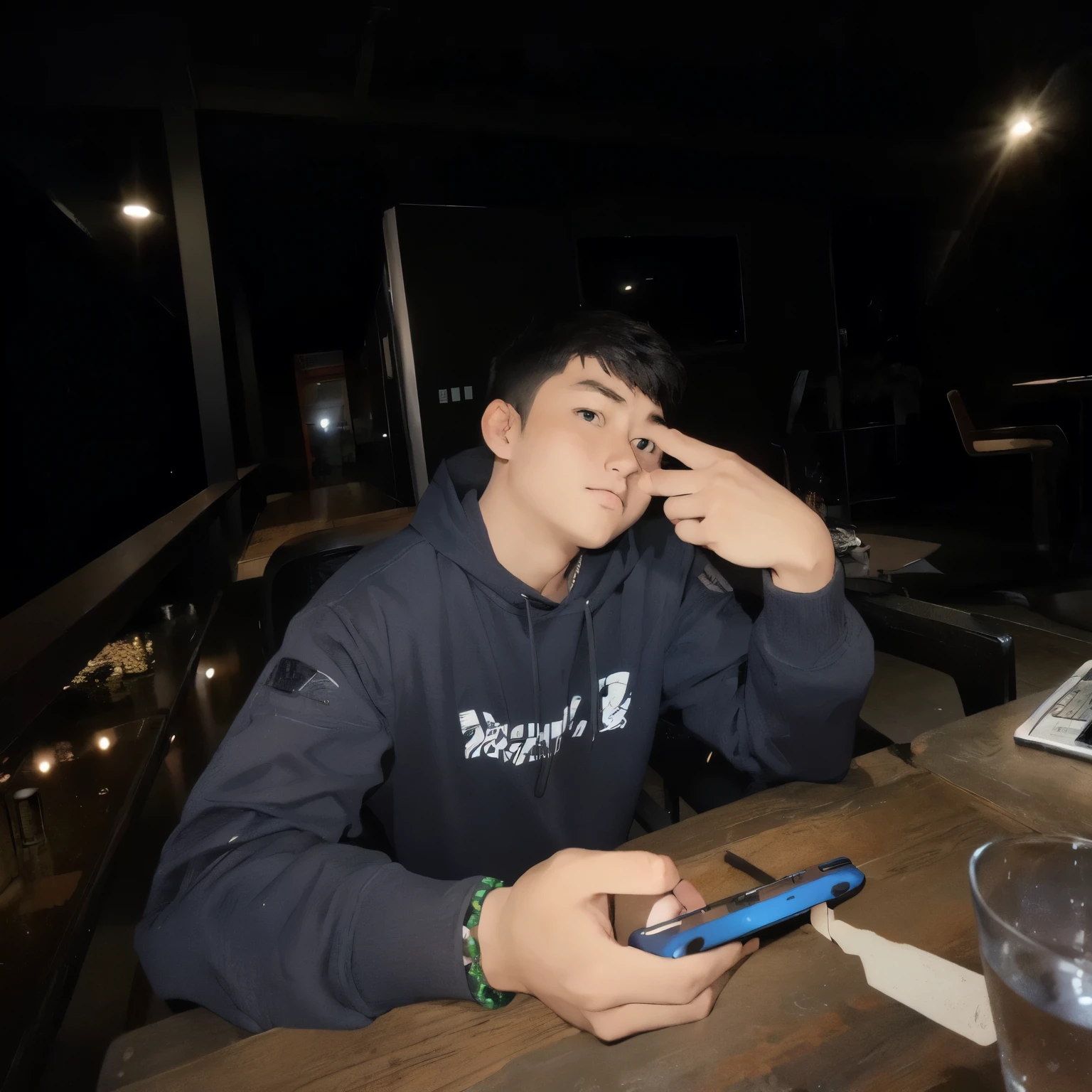 there is a man sitting at a table with a cell phone, profile picture 1024px, 2 , 2 8 years old old, 2 2 yearsears old, by Ka, twitch streamludwig, 21 years old, 2 4 years old, very very low quality picture