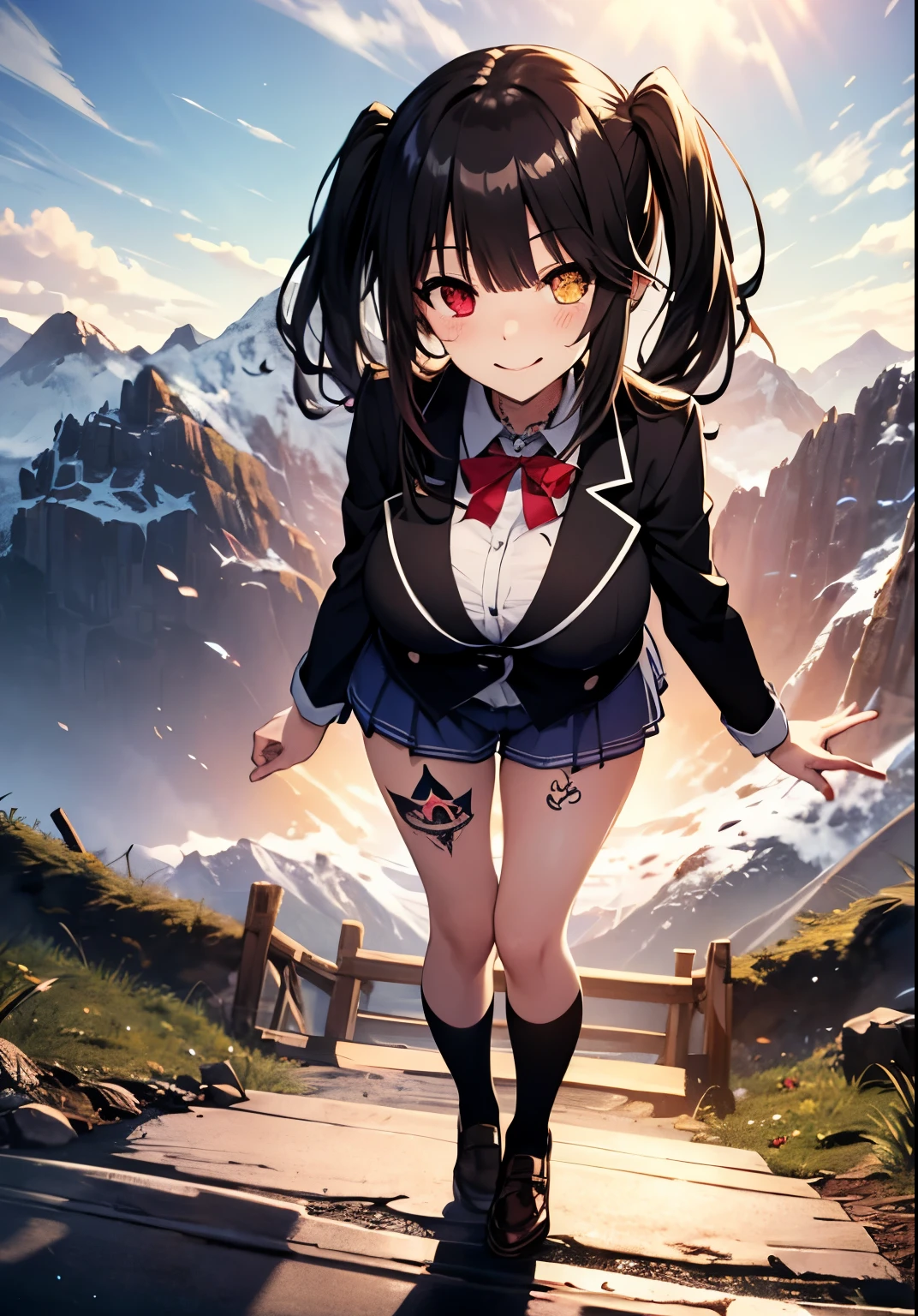 Masterpiece, high quality, ultra quality, best lighting, 1girl, ((tokisaki kurumi)), long hair, black hair, low twintails, monochrome, ((right red eye:1, left yellow eye:1)), black , ((black school uniform)), ((short pants)), ((big breast)), ((big thigh)), smile, blush, cute face, ((gesugao face)), standing, sexy body, sexy, tattooed full body, tattooed face, (((tattooed))),looking at viewer, large the breast, nsfw, (((mountain)))
