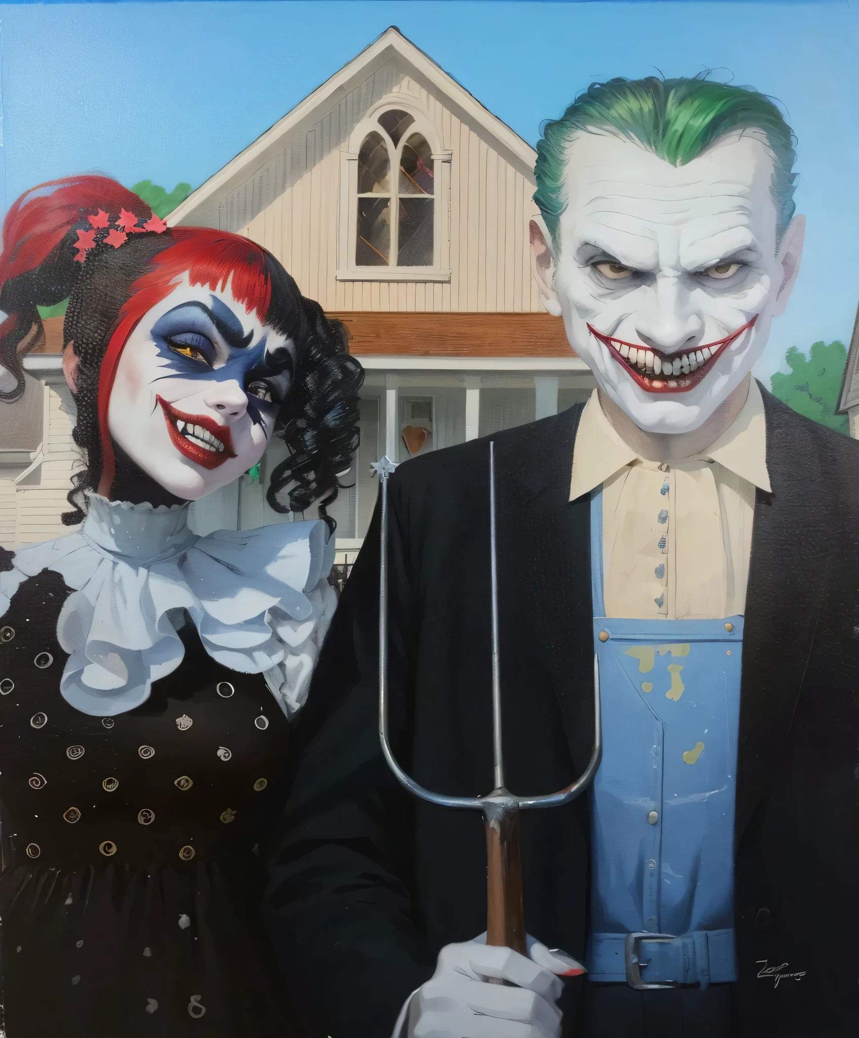 painting of a couple dressed as joker and jokergirl holding a pitchfork, american gothic style, the american gothic painting, american gothic, inspired by Ron English, inspired by Earle Bergey, the 'american gothic' painting, inspired by Archibald Motley, southern gothic art, southern gothic scene, inspired by Howard Knotts, art in the style of terry moore