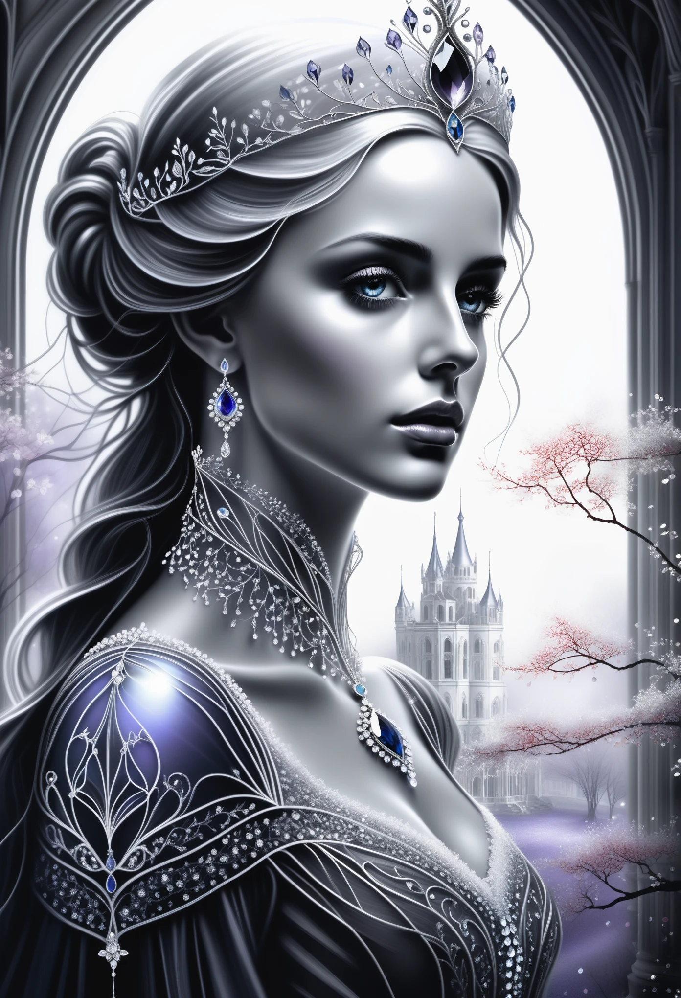 (Pencil_Sketch:1.2, messy lines, greyscale, traditional media, sketch),(full body portrait:1.5), (Far focus design:1.5), An elf queen, High-level elf noble clothing, Proud, shy, bell, Triple crown, Glowing white pupils, Eyes look toward central focus, wrapped in lilac metallic canvas, Exuding an aura of dark fantasy and hatred, Intricate and exquisite details, Highlight thin strokes, dark rich color palette, Black, Red, white, blue, Added to enhance the overall ambience, Beautiful details glow, smooth and flawless, through double exposure technology, Hauntingly beautiful mist shrouding the landscape, Delicate crystal structure sparkles, ethereal light, Soft baby pink cherry blossoms, Exquisite carpet floor, Optical fiber thin fibers add touch, Intricate and mysterious, nose blush, rococo style, high detail, Conceptual art, UHD, anatomically correct, super detail, best quality, 8k