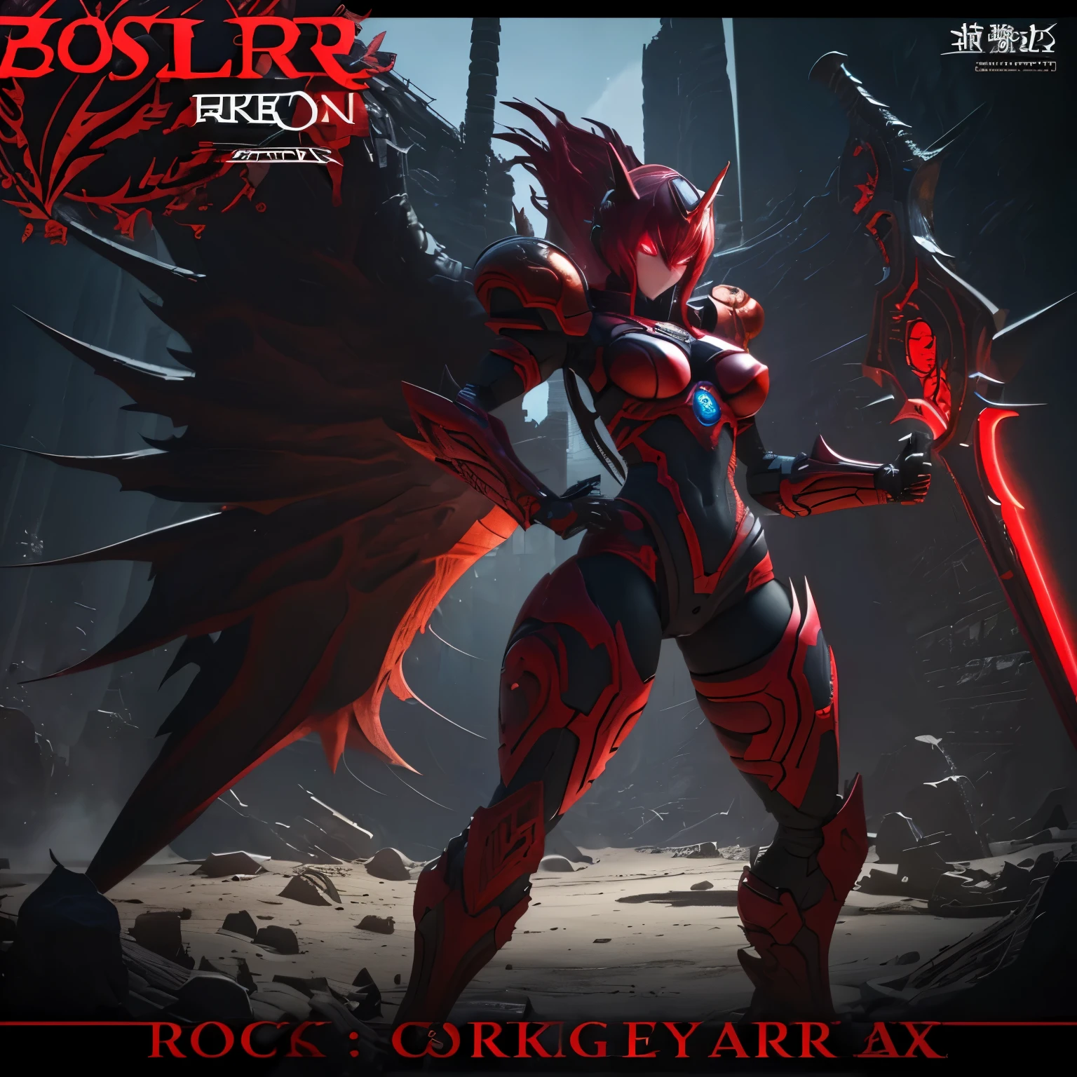 ((Write the word: "Bosstercore" in a logo at bottom)). Guts armor from Berserk references, gantz reference. Sexy mecha girl with round tits, sexy body. big sword. Red eyes, full body, sexy pose. Round ass, slim waist, camel toe